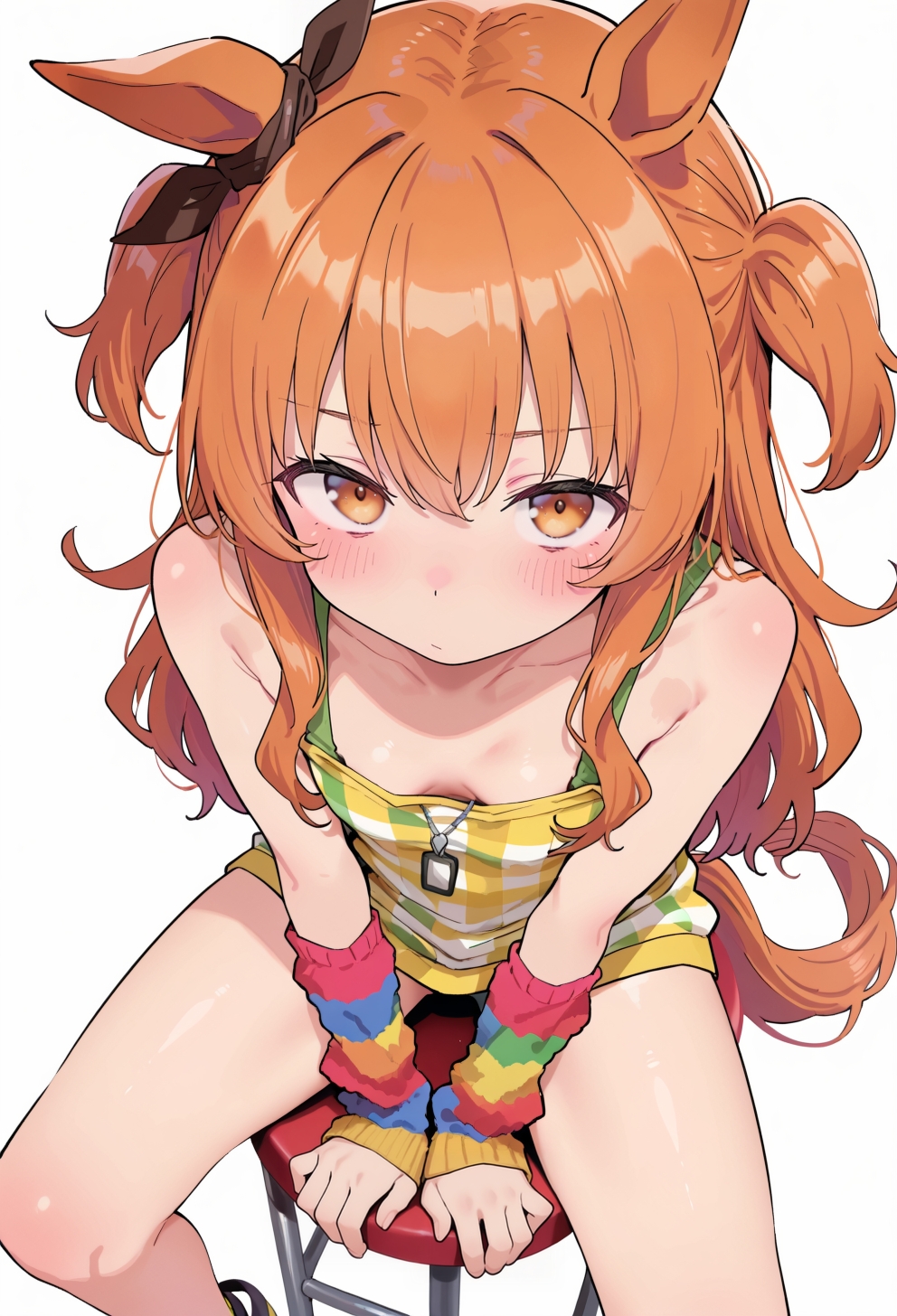 ai generated, animal ears, cleavage, female, fluffy hair, horse girl, long hair, looking at viewer, mayano top gun (umamusume), orange eyes, orange hair, ribbon, ribs, umamusume, umamusume pretty derby