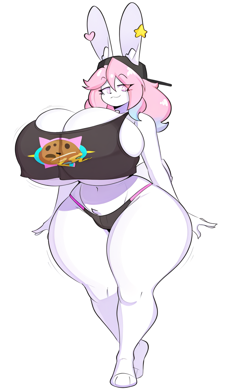 ai generated, anthro, anthro focus, anthro only, backwards baseball cap, backwards hat, baseball cap, belly button, blue hair, bunny ears, bunny tail, busty boy, busty male, cleavage, crop top, cropped shirt, cropped tank top, ears through headwear, full body, furry, furry only, gradient hair, hat, huge breasts, looking at viewer, male with breasts, midriff, navel, panties, peanut butter (theycallhimcake), pink eyes, pink hair, pixai, simple background, slim waist, solo, solo anthro, solo focus, tagme, tank top, thick thighs, two-tone hair, underboob, white background, white fur, wide hips