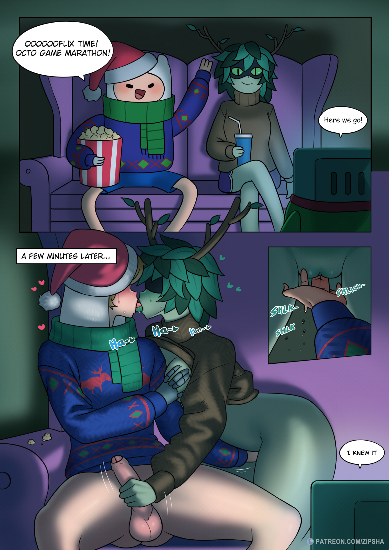 1boy, 1girls, adventure time, ass, big ass, breast grab, christmas outfit, couch, couple, female, fingering, finn the human, fit female, french kiss, green body, green hair, green skin, hand on penis, handjob, huntress wizard, kissing, large ass, masturbation, medium breasts, penis, perfect body, plant girl, pussy, pussy juice, pussy juice drip, sweater, television, thick thighs, thighs, tv, watching tv, wholesome, zipsha