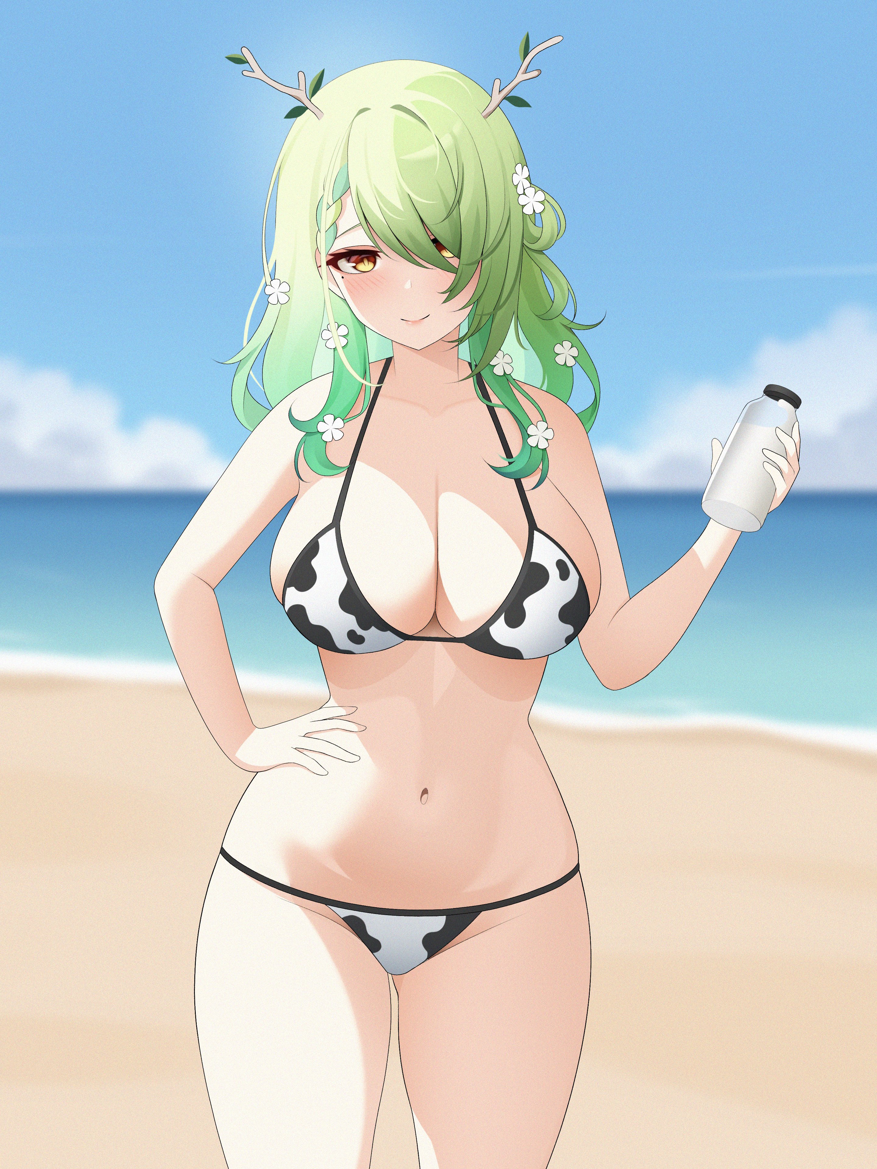 absurdres, alternate costume, animal print, antlers, beach, big breasts, bikini, blue sky, blurry, blurry background, blush, bottle, braid, breasts, busty, ceres fauna, cleavage, closed mouth, commentary, cow print, cow print bikini, cowboy shot, day, drey525, english commentary, female, flower, glass bottle, green hair, hair flower, hair ornament, hair over one eye, hand on own hip, highres, holding, holding bottle, hololive, hololive english, horns, large breasts, long hair, looking at viewer, milk, milk bottle, mole, mole under eye, navel, outdoors, parted bangs, print bikini, sky, smile, solo, stomach, swept bangs, swimsuit, virtual youtuber, yellow eyes