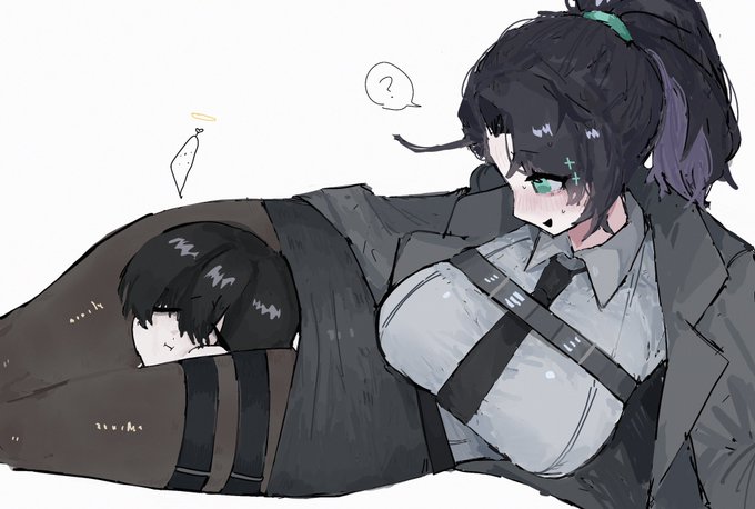 1boy, 1girls, belt accessory, confused face, confused look, dying male, full stop office (identity), head between legs, head between thighs, headscissor, heterochromia, hong lu (limbus company), honglulove, limbus company, male death, oblivious, pixiv, ponytail, project moon, rule 63, skirt, sparkling eyes, squeezing head, thigh squish, tied hair, trenchcoat, yi sang (limbus company)