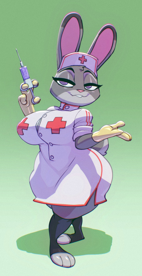 2d, 2d (artwork), ass, bigdad, breasts, disney, female, gloves, hair, judy hopps, latex gloves, lips, looking at viewer, nurse, nurse cap, nurse clothing, nurse hat, nurse uniform, smile, syringe, thick, thick ass, thick legs, thick thighs, thighs, wide ass, wide hips, wide thighs, zootopia