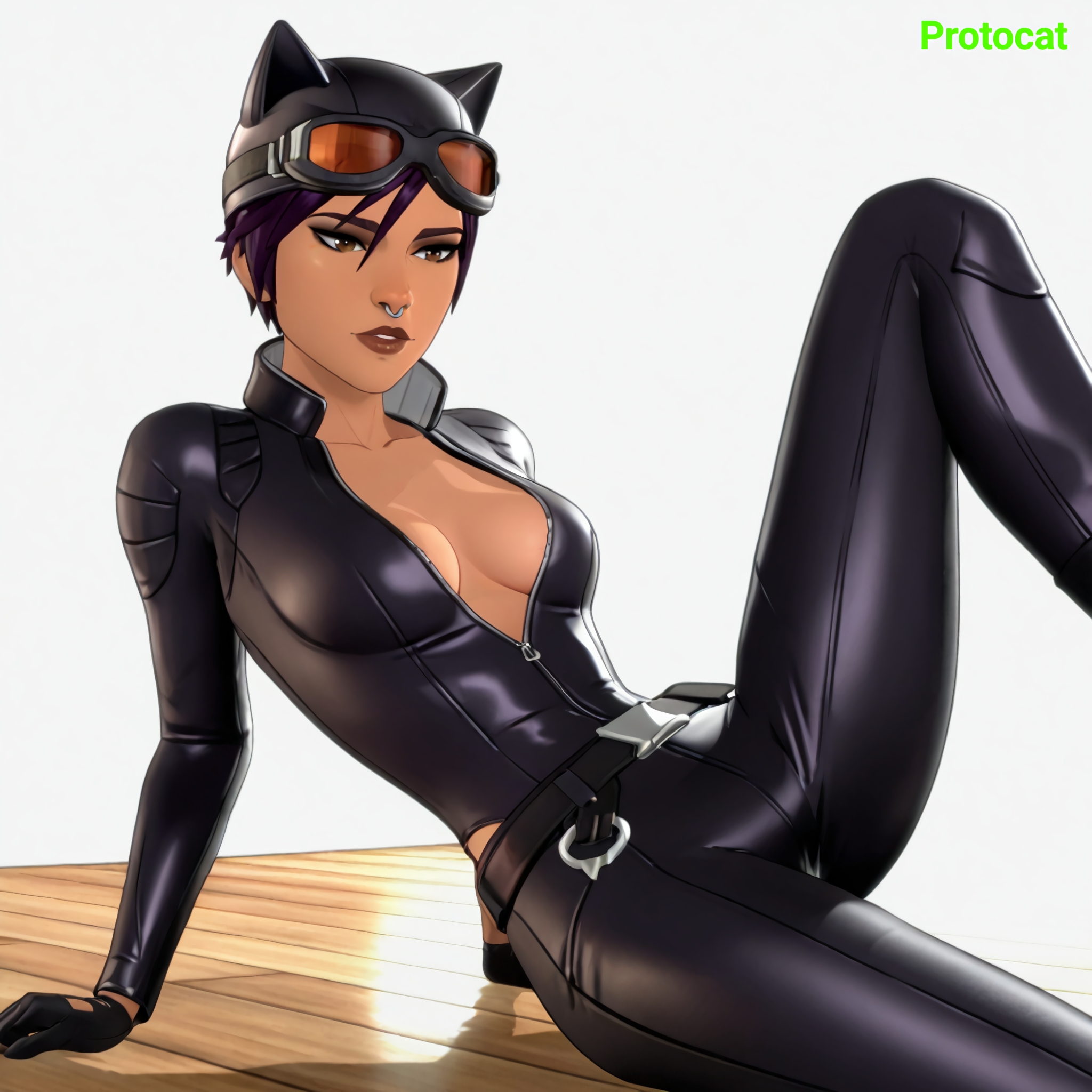 1girls, ai assisted, ai generated, animal ears, belt, breasts, brown eyes, catwoman (cosplay), cleavage, dispatch (game), female, gloves, goggles, invisigal, light skin, medium breasts, nose piercing, nose ring, pinup, protocat, purple hair, short hair, short hair female, simple background, slender, slender body, slim waist, solo, solo female, superheroine, tight clothing, zipper