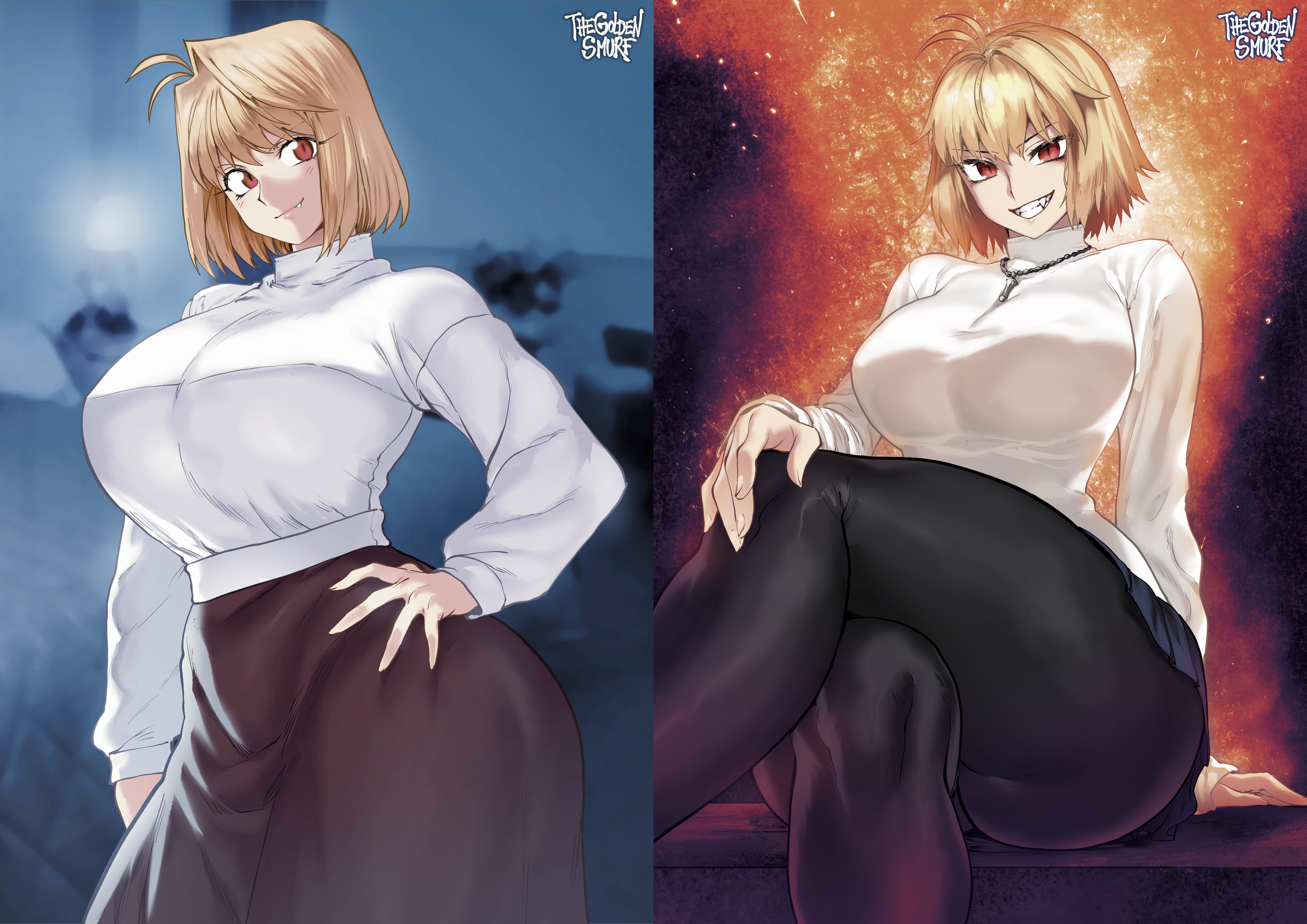 arcueid brunestud, big ass, big breasts, black stockings, blonde hair, closed mouth, clothing, covered breasts, dual persona, female, female only, hand on leg, hands, hi res, leg on thigh, looking at viewer, multiple images, oerba yun fang, open mouth, pantyhose, red eyes, short hair, sitting, smiling, solo, stockings, tagme, thegoldensmurf, thick thighs, tsukihime, tsukihime (remake), type-moon, vampire