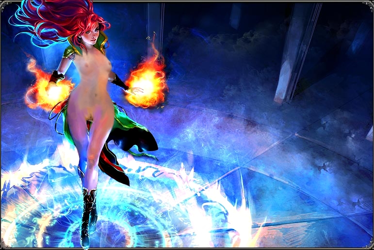 1girls 3d ariane boots fire long_hair magic navel nipples nude pubic_hair pussy red_hair runescape runescape3 solo tagme