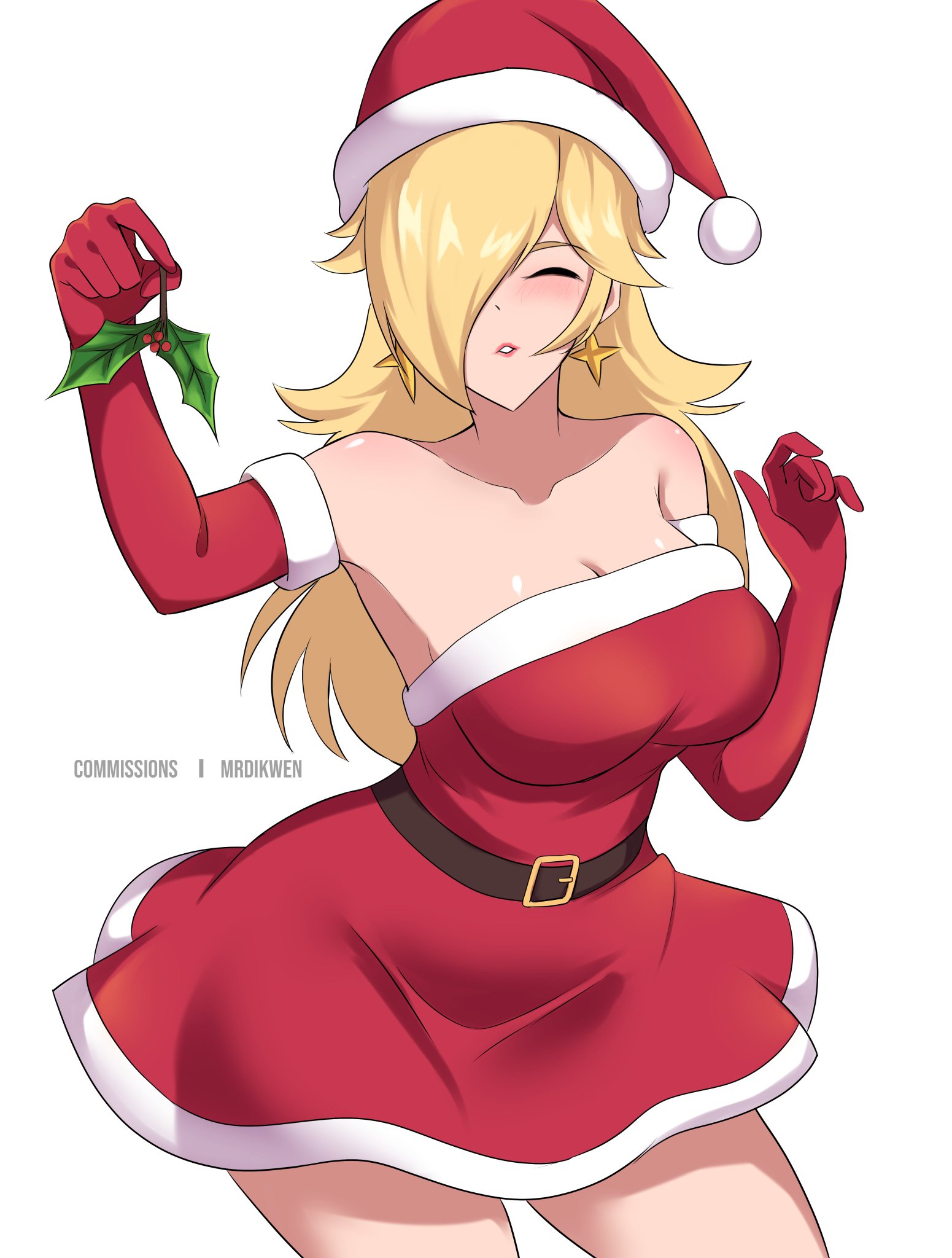 1girls, christmas, christmas lingerie, closed eyes, hair over one eye, mario (series), mistletoe, mrdikwen, nintendo, princess rosalina, santa hat, smile, solo, strapless dress