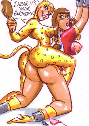 2girls anus ass bondage cheetah_(dc) clothing dat_ass dc dc_comics female femdom funny humor joe_gravel large_breasts mary_batson mary_marvel multiple_girls nipples priscilla_rich shazam_(series) sketch_card spanking wonder_woman_(series) yuri