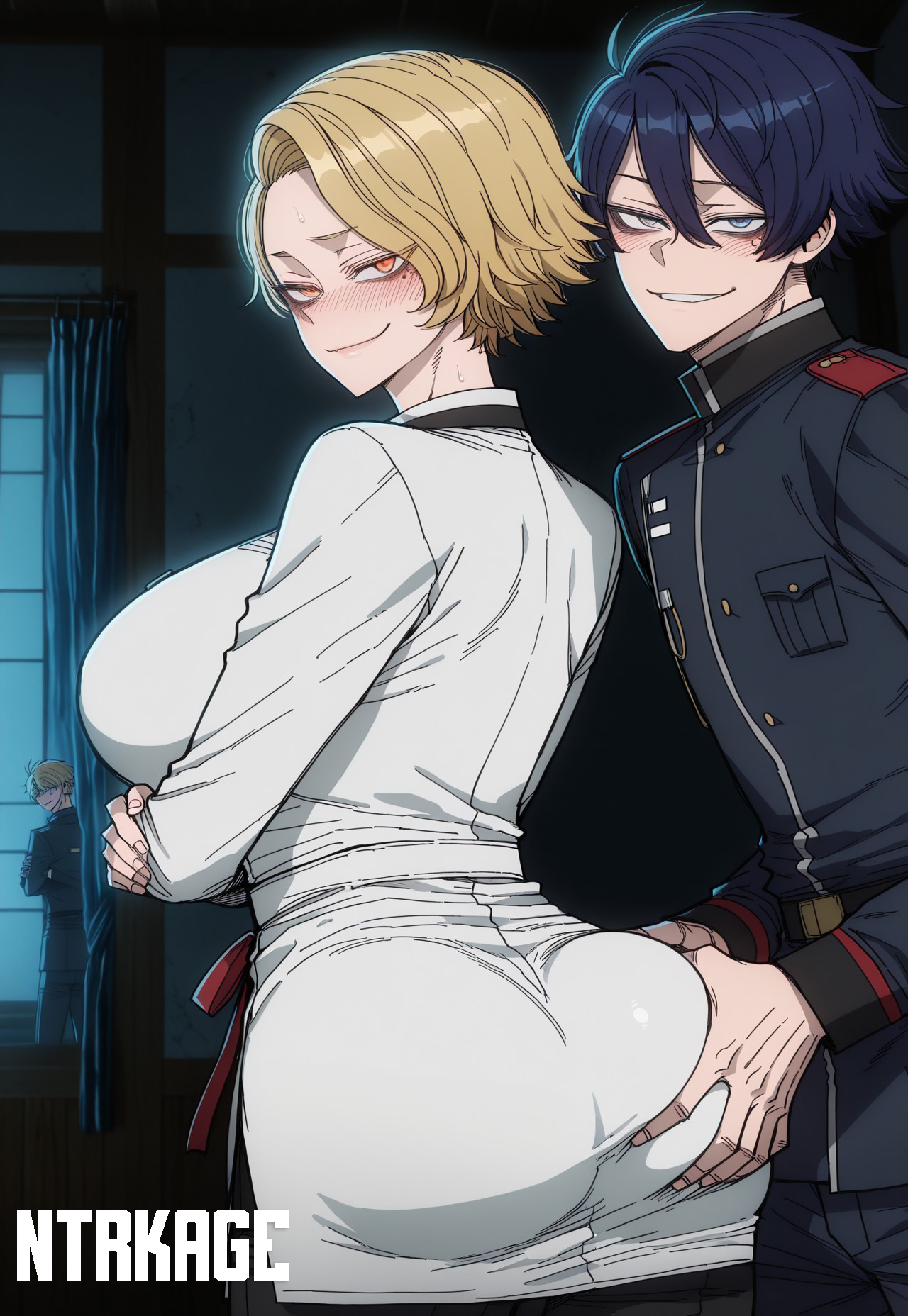 1boy, 1girls, ai generated, ass grab, bubble butt, cuckold, evil grin, evil smile, hi res, highres, huge ass, huge breasts, looking at viewer, military uniform, netorare, ntrkage, sazanami kuina, shiki ichinose, tougen anki