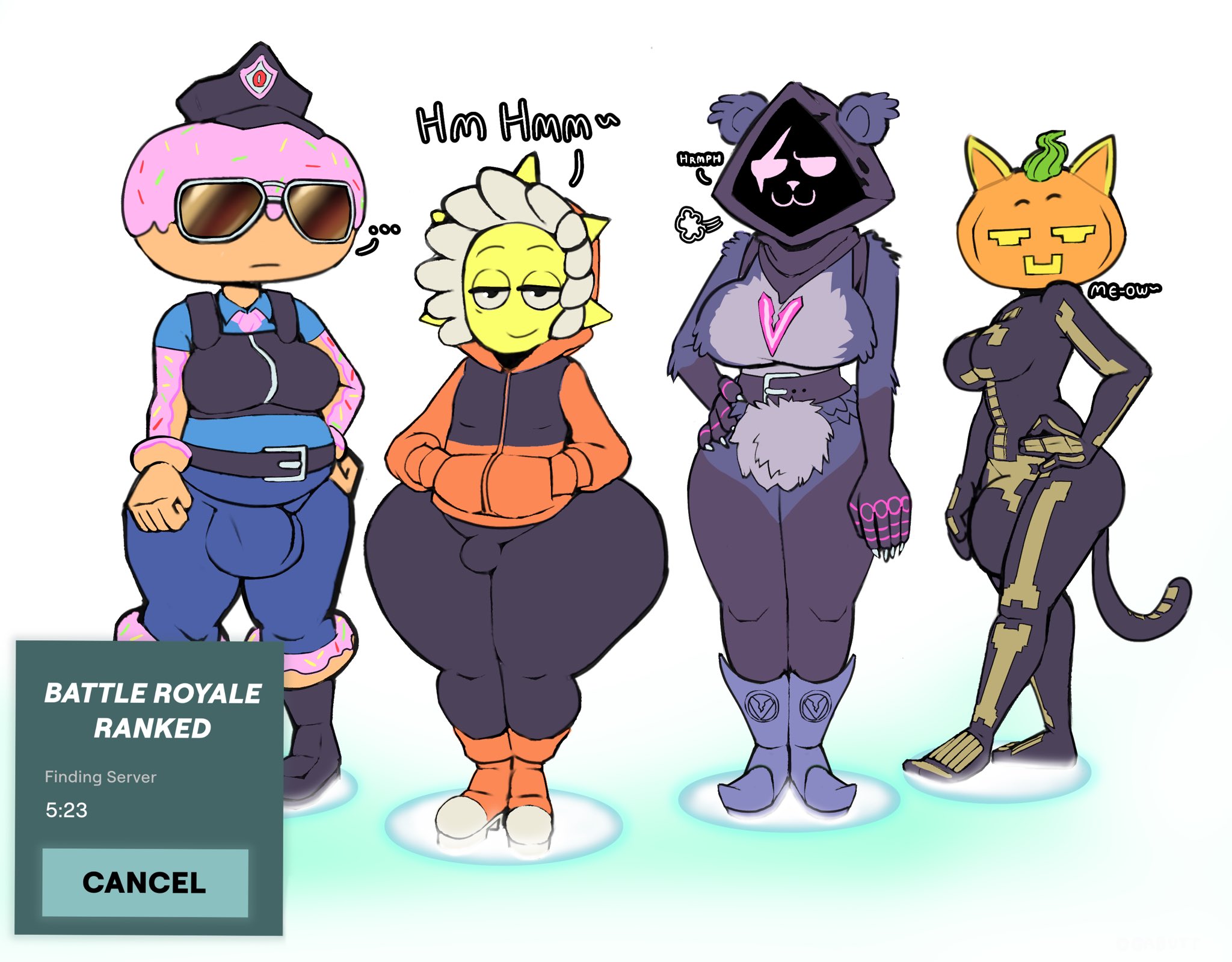 1boy, 4futas, big breasts, big bulge, bottom heavy, breasts, bulge, clothed, clothing, constable sprinkle, femboy, fortnite, fully clothed, futa is bigger, futanari, huge ass, huge cock, oogabutt, raven team leader, spice (fortnite), sunspot (fortnite), thick thighs, wide hips