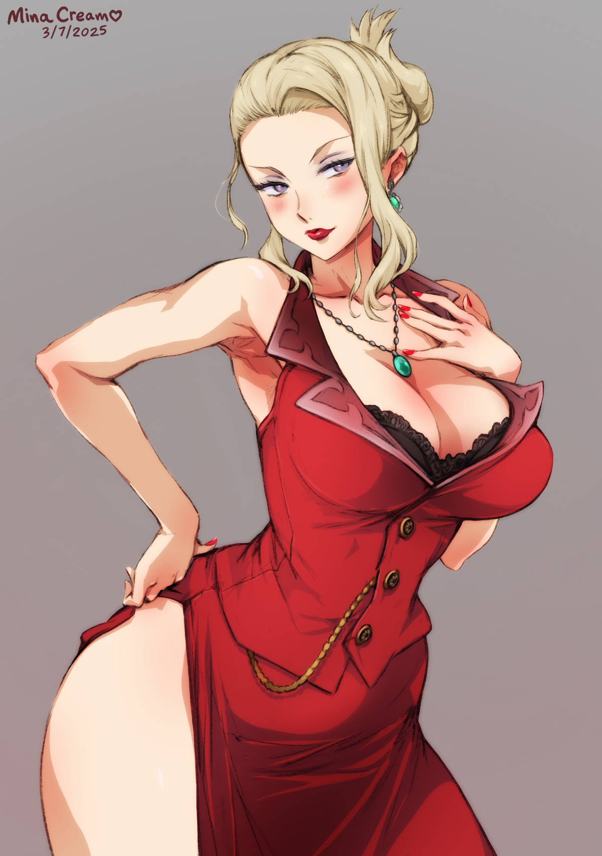 1girls, 2025, 2d, 2d (artwork), artist name, bimbo, black bra, blonde hair, blonde-haired female, bra, bra peek, breasts, cleavage, clothed, clothed female, clothing, dated, dress, ear piercing, earrings, female, female only, final fantasy, final fantasy vii, final fantasy vii rebirth, final fantasy vii remake, grey background, hand on hip, highres, hips, human, human only, jewelry, large breasts, light skin, light-skinned female, lips, lipstick, long skirt, looking away, looking to the side, mature, mature female, mature woman, milf, minacream, nail polish, nails, necklace, neckwear, purple eyes, realistic breast size, realistic proportions, red dress, red lips, red lipstick, red nail polish, red nails, red skirt, red vest, scarlet (ffvii), sfw, simple background, skirt, smile, solo, solo female, square enix, thighs, vest, villainess, wide hips
