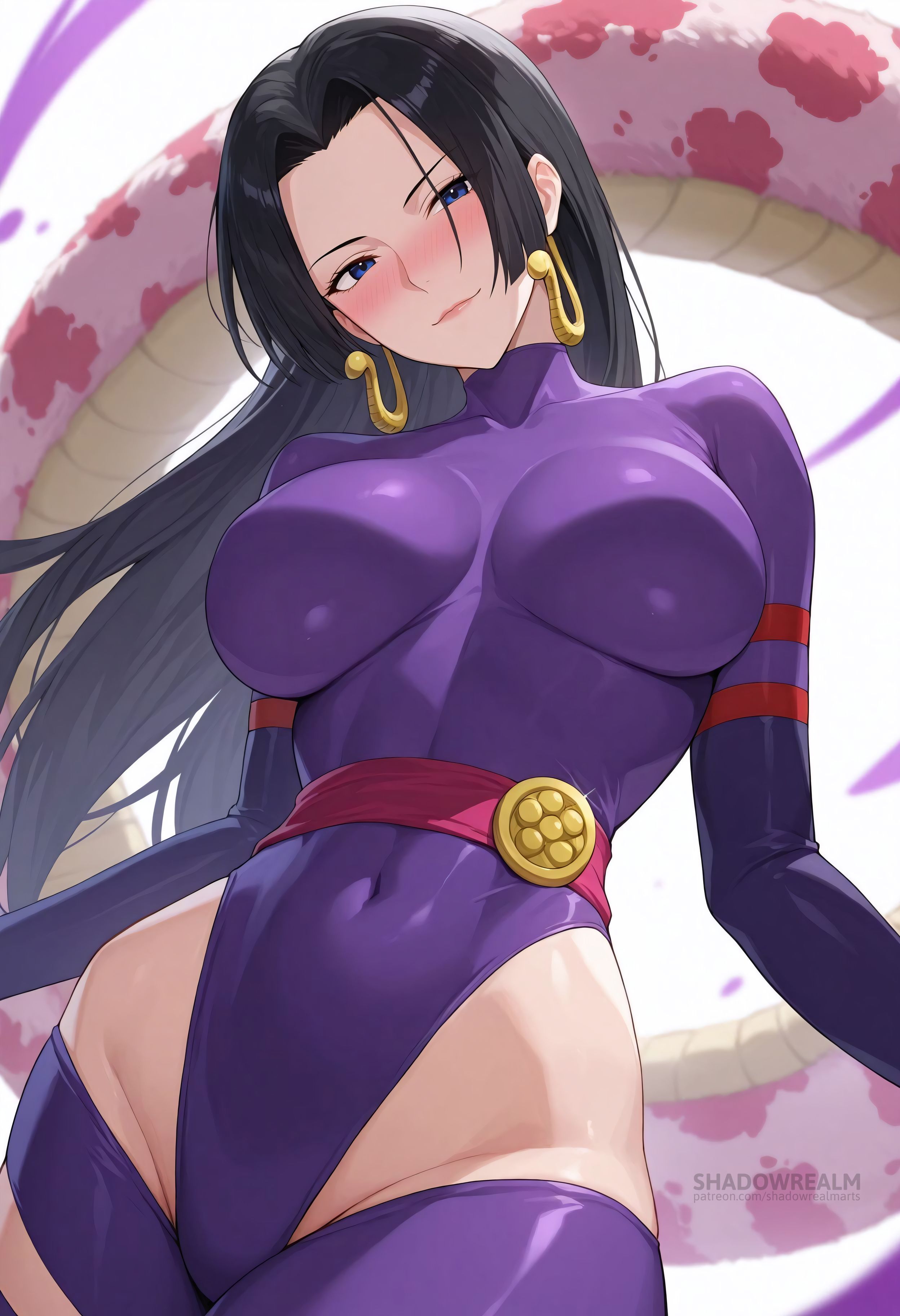 1girls, ai generated, artist name, black hair, blue eyes, blush, boa hancock, breasts, closed mouth, clothing, cosplay, covered navel, earrings, female, female only, forehead, groin, highleg, highleg leotard, impossible clothes, jewelry, large breasts, leotard, long hair, looking at viewer, marvel, marvel comics, one piece, psylocke (cosplay), purple leotard, sash, shadowrealmarts, skin tight, smile, snake, solo, thighs, white background, x-men