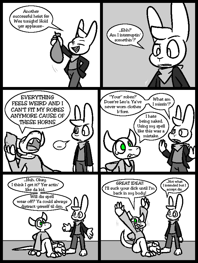 2025 2_horns 3_toes 4_fingers anthro barefoot big_penis bottomless bottomwear claws clothed clothing comic demon dialogue duo ellipsis english_text feet finger_claws fingers genitals greyscale hand_in_pocket hood horn jacket kerchief lagomorph leporid male mammal monochrome pants penis pockets rabbit raised_arms robe sack shirt sitting smile smirk speech_bubble text to-be-named-later toe_claws toes topwear ultilix wes_(ultilix)