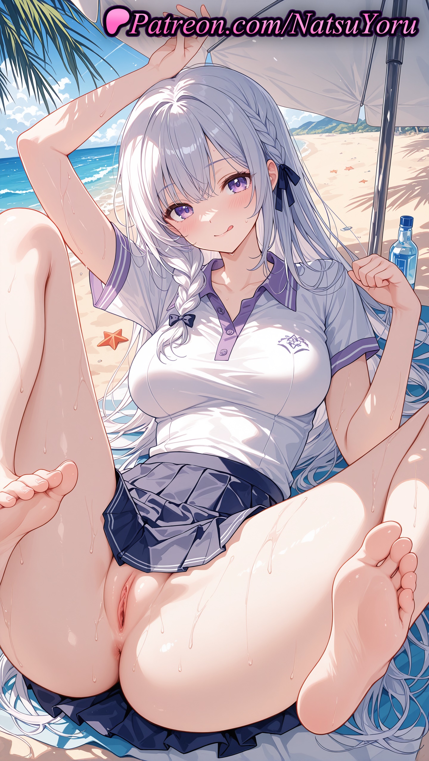 1girls, 2025, ai generated, anus, bangs, barefoot, beach, beach umbrella, blouse, blue hair, blue skirt, blush, bottle, braid, breasts, collared shirt, feet, female, hi res, highres, jujutsu kaisen, large breasts, long hair, looking at viewer, mei mei (jujutsu kaisen), natsuyoru, no panties, ocean, outdoors, patreon, pleated skirt, purple eyes, pussy, shirt, short sleeves, skirt, smile, soles, solo, spread legs, thighs, toes, tongue, tongue out, umbrella, uncensored, vagina, voluptuous, voluptuous female, white hair, white shirt
