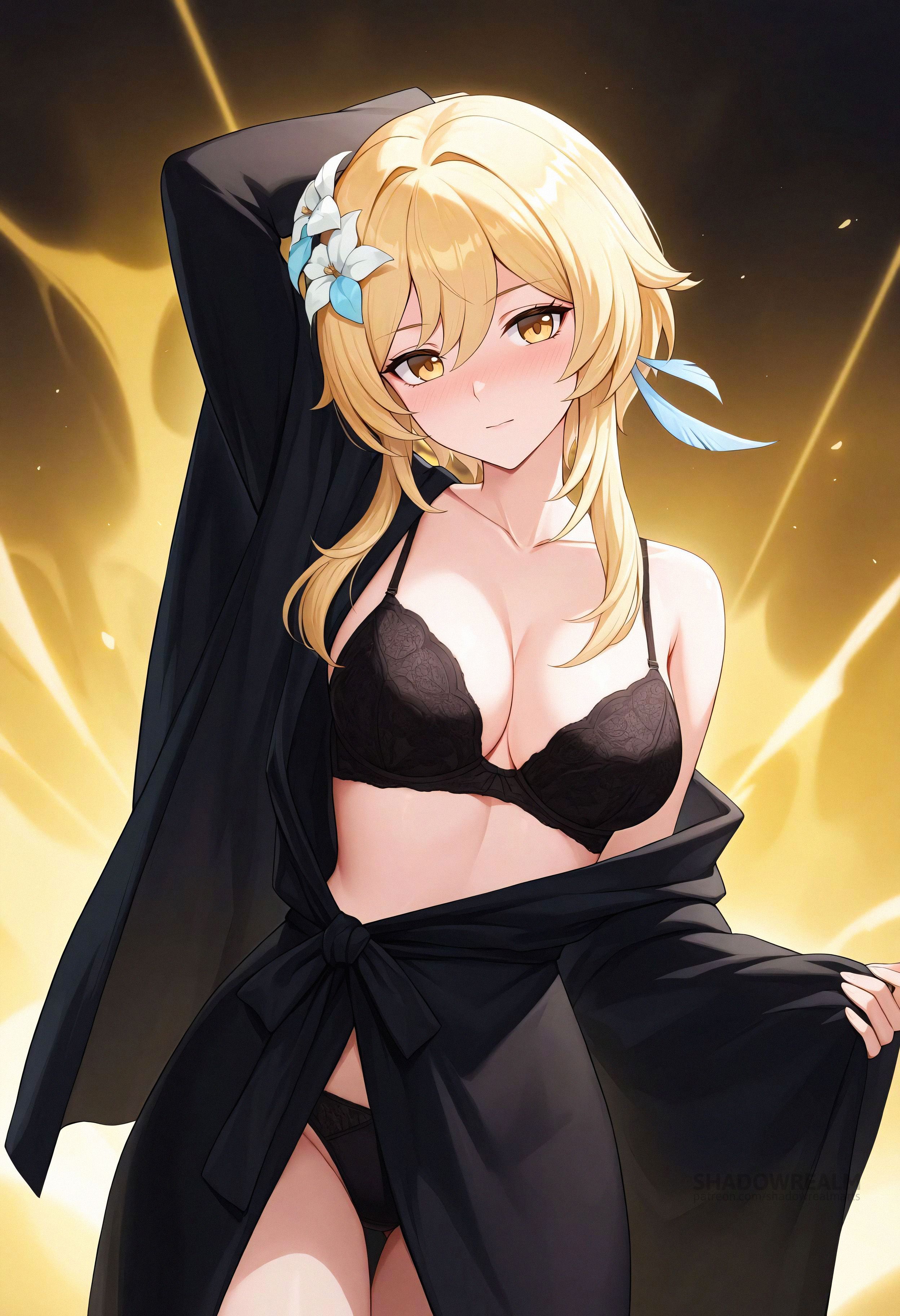 ai generated, arm behind head, arm up, bare shoulders, black bra, black panties, blonde hair, blush, bra, breasts, cleavage, closed mouth, collarbone, cowboy shot, feather hair ornament, feathers, female, flower, genshin impact, hair between eyes, hair flower, hair ornament, japanese clothes, kimono, long sleeves, looking at viewer, lumine (genshin impact), medium breasts, off shoulder, open clothes, panties, robe, shadowrealmarts, short hair with long locks, sidelocks, single bare shoulder, solo, thighs, uncensored, underwear, wide sleeves, yellow eyes