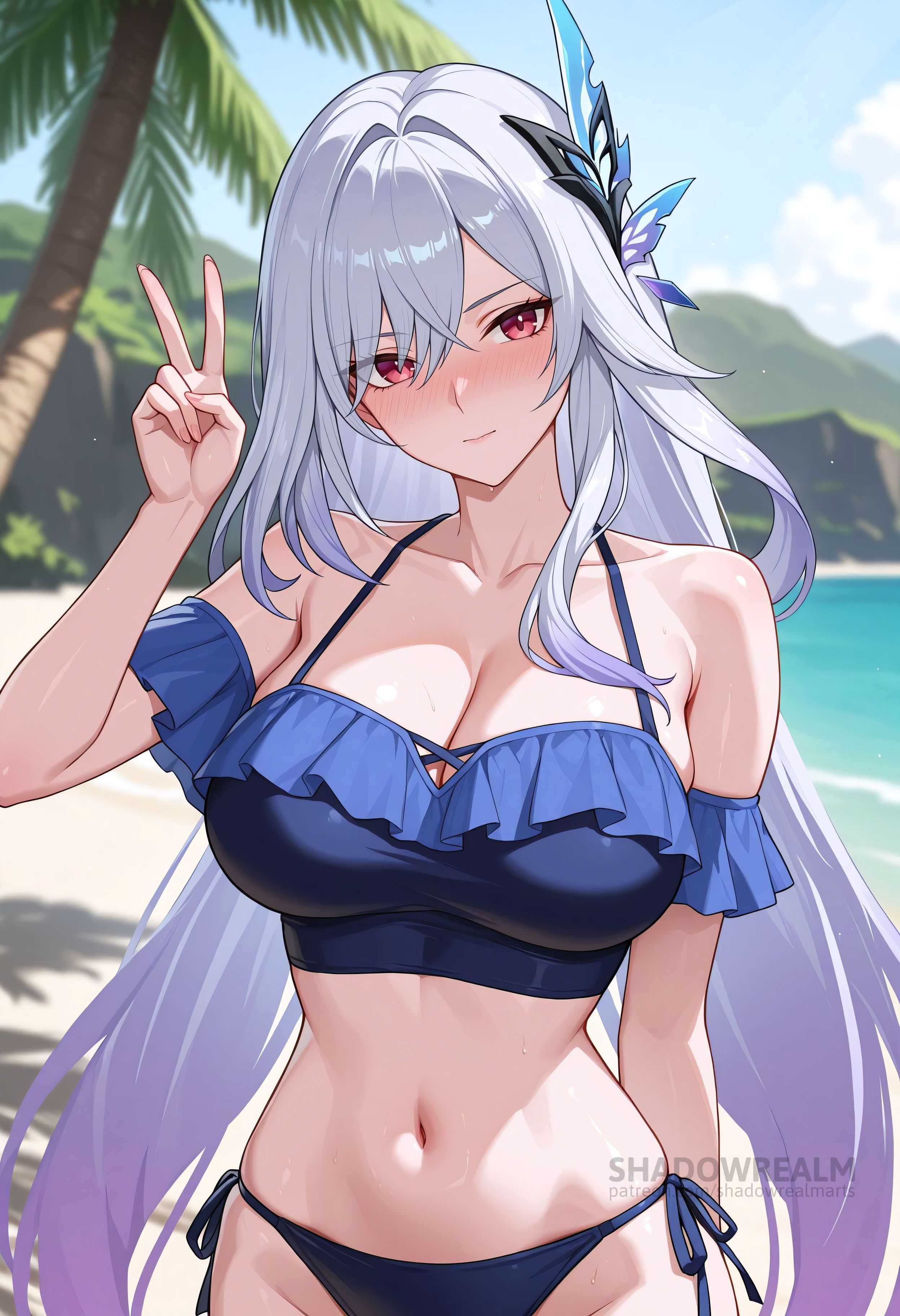 ai generated, alternate costume, bare shoulders, beach, bikini, blue bikini, blue sky, blush, breasts, butterfly hair ornament, cleavage, closed mouth, collarbone, day, female, frills, genshin impact, gradient hair, grey hair, hair between eyes, hair ornament, hand up, large breasts, long hair, looking at viewer, navel, off-shoulder bikini, outdoors, palm tree, red eyes, shadowrealmarts, side-tie bikini bottom, skirk (genshin impact), sky, smile, solo, stomach, swimsuit, tree, uncensored, v, very long hair
