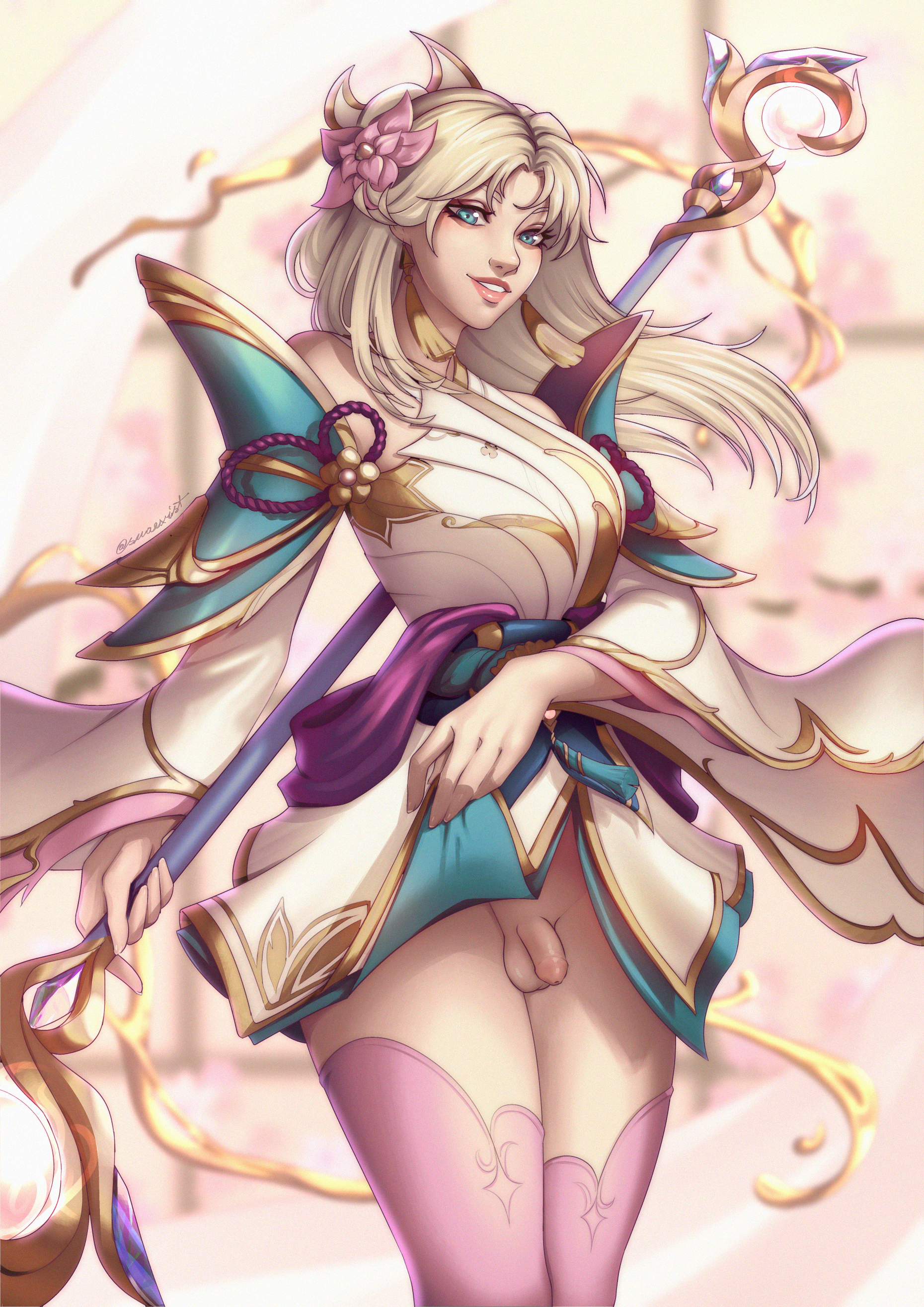 blonde hair, blue eyes, futa only, futanari, intersex, league of legends, luxanna crownguard, penis, prestige skin, small penis, snaexist, spirit blossom lux prestige edition, spirit blossom series, trans woman, transexual