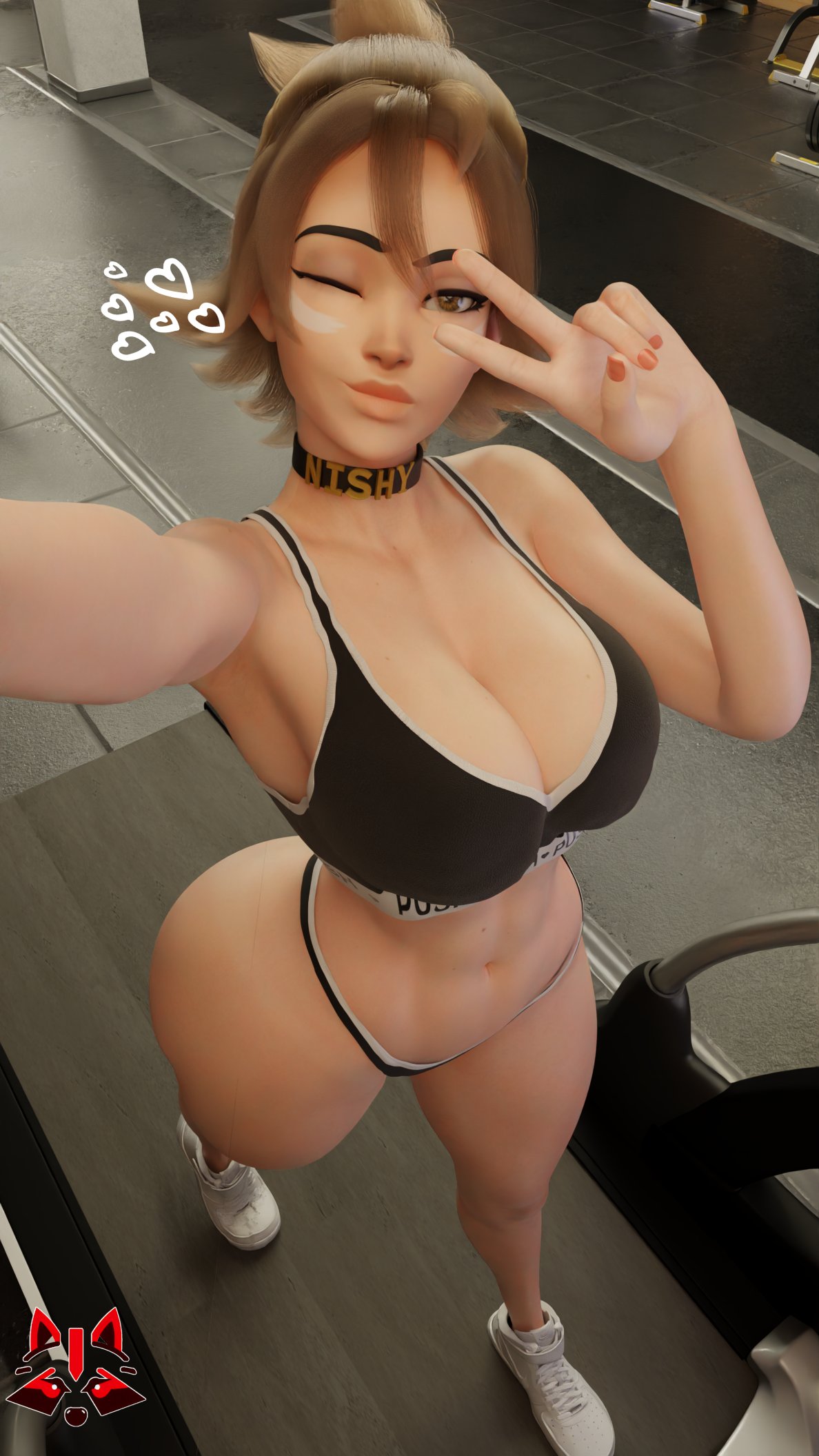3d, female, gym, kiriko (overwatch), nishikt, overwatch, selfie, sports bra, thong, workout, workout clothes