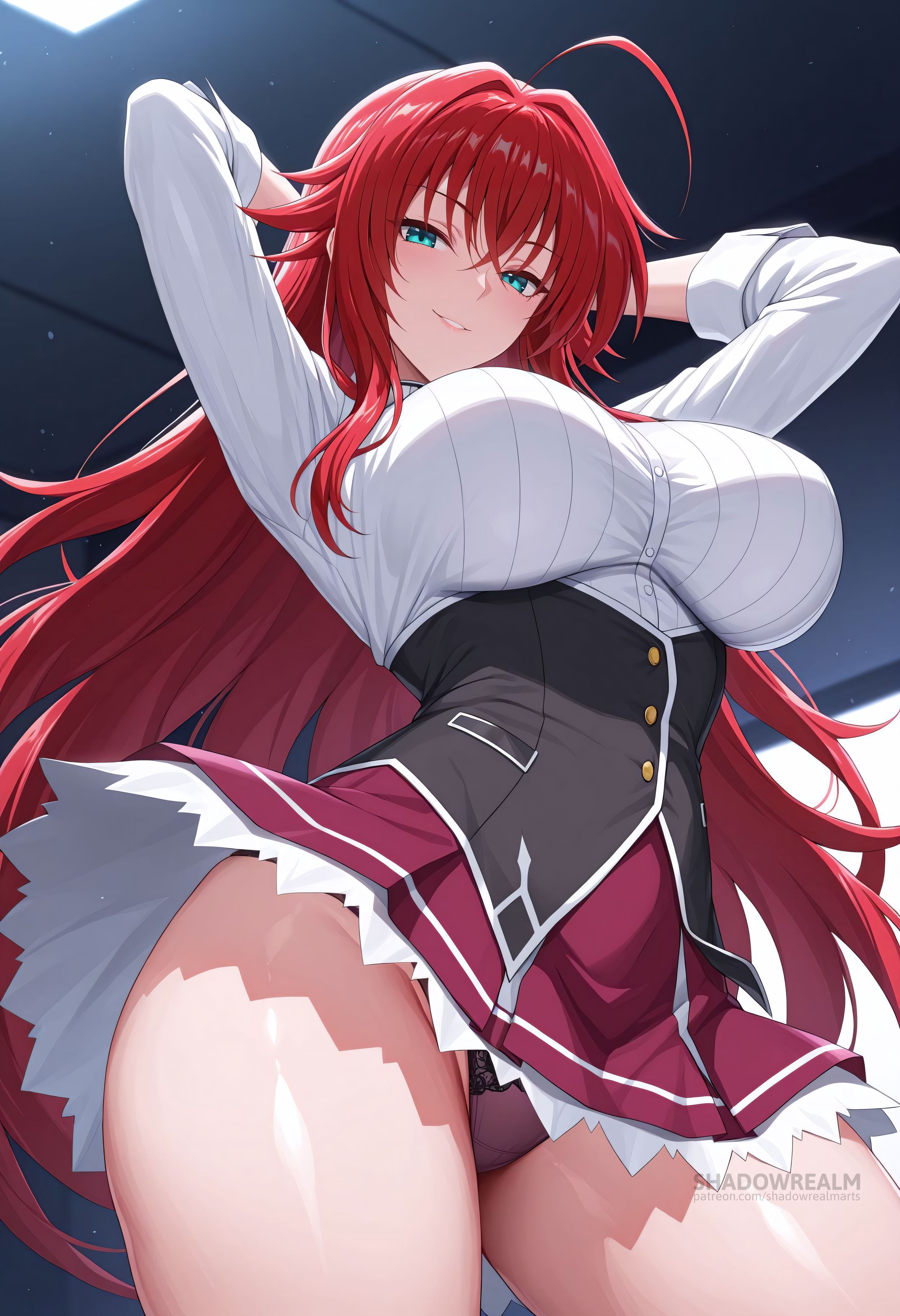 ahoge, ai generated, arms behind head, arms up, black corset, black panties, blue eyes, blush, breasts, corset, crossed bangs, female, female only, from below, hair between eyes, high school dxd, large breasts, long hair, long sleeves, looking at viewer, miniskirt, panties, parted lips, red hair, red skirt, rias gremory, school uniform, shadowrealmarts, shirt, skirt, smile, solo, thighs, uncensored, underwear, very long hair, white shirt