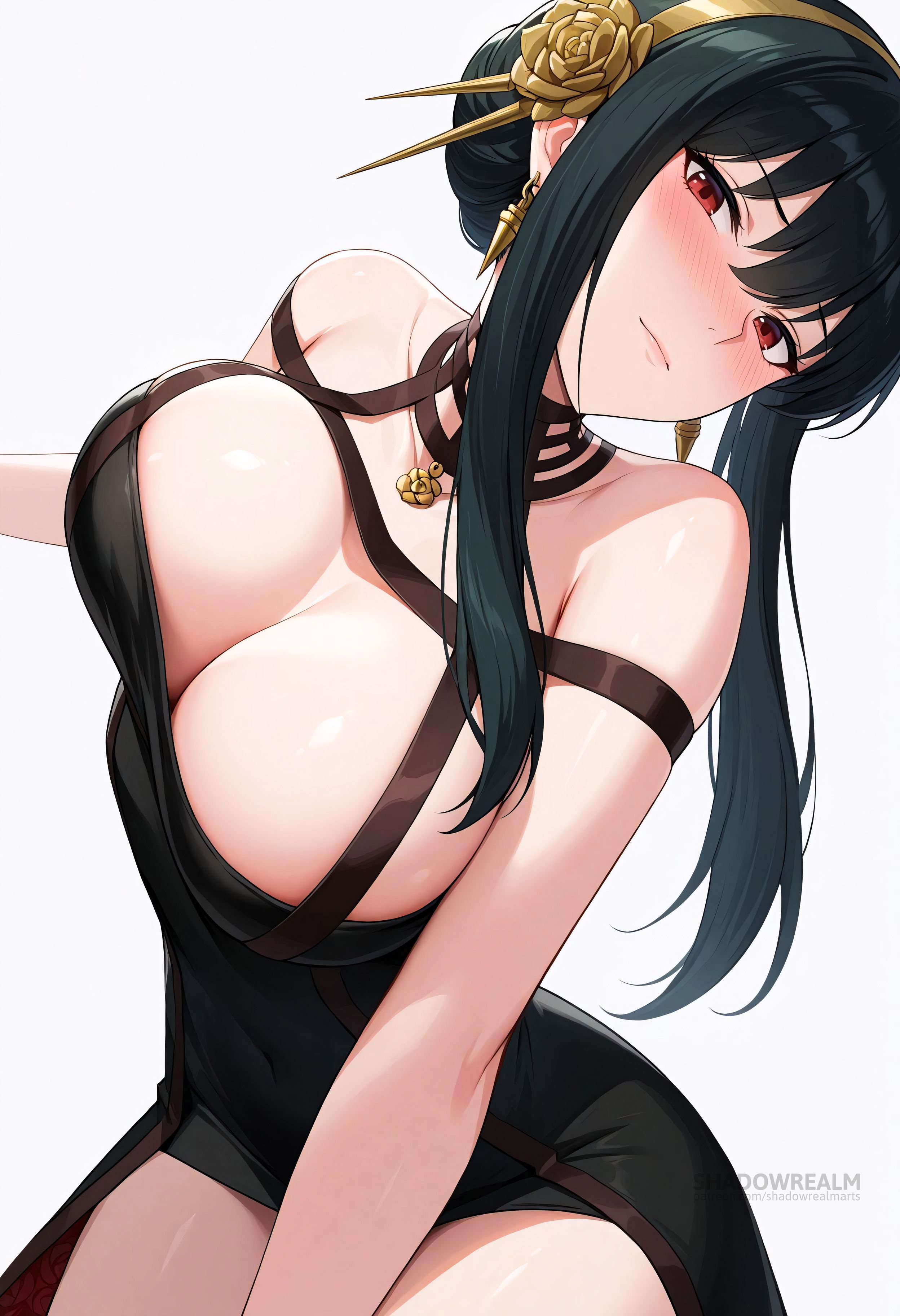 ai generated, areola slip, bare shoulders, black dress, black hair, blush, breasts, cleavage, closed mouth, covered navel, dress, earrings, female, flower, gold earrings, gold hairband, hair flower, hair ornament, hairband, jewelry, large breasts, long hair, looking at viewer, red eyes, rose, shadowrealmarts, sidelocks, simple background, solo, spy x family, thighs, two-sided dress, two-sided fabric, uncensored, white background, yor briar