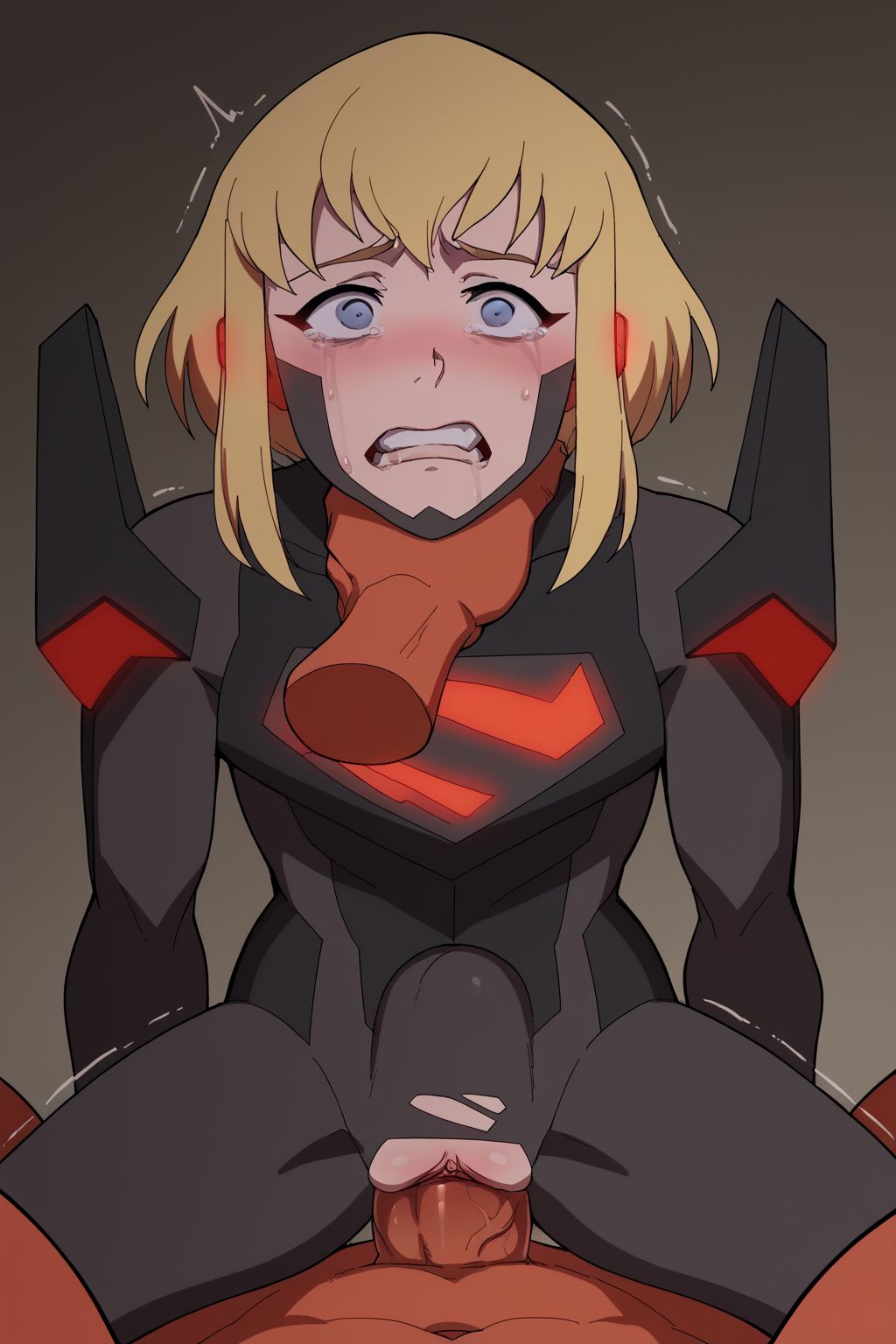 ai generated, blonde hair, blue eyes, blush, choking, cowgirl position, dark skin, dark-skinned male, dc, dc comics, deep penetration, defeated, female, kara zor-el, karen starr, looking at viewer, male, my adventures with superman, penetration, pixie crop, pixie crop bangs, pixie crop female, pixie crop hair, pixie crop with long locks, pixie cut, pixie cut bangs, pixie cut female, pixie cut hair, pixie cut with long locks, pussy, sex, short hair, short hair bangs, short hair with long locks, short-haired female, stable diffusion, stomach bulge, stomach bulge under clothes, stomach deformation, stomach deformation under clothes, strangling, supergirl, supergirl (my adventures with superman), superman (series), sweat, tagme, tears, trembling, vaginal penetration
