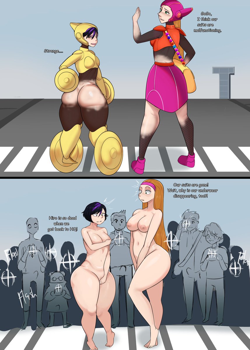 2girls, asian female, big hero 6, black hair, camera flash, cleopatpatcleo, comic, comic panel, covering breasts, covering crotch, crowd, curvy figure, dialogue, disappearing clothes, disney, embarrassed, embarrassed nude female, gogo tomago, honey lemon, latina, light-skinned female, marvel, marvel comics, shorter female, slender body, strawberry blonde hair, suddenly naked, superhero, superheroine, taller female