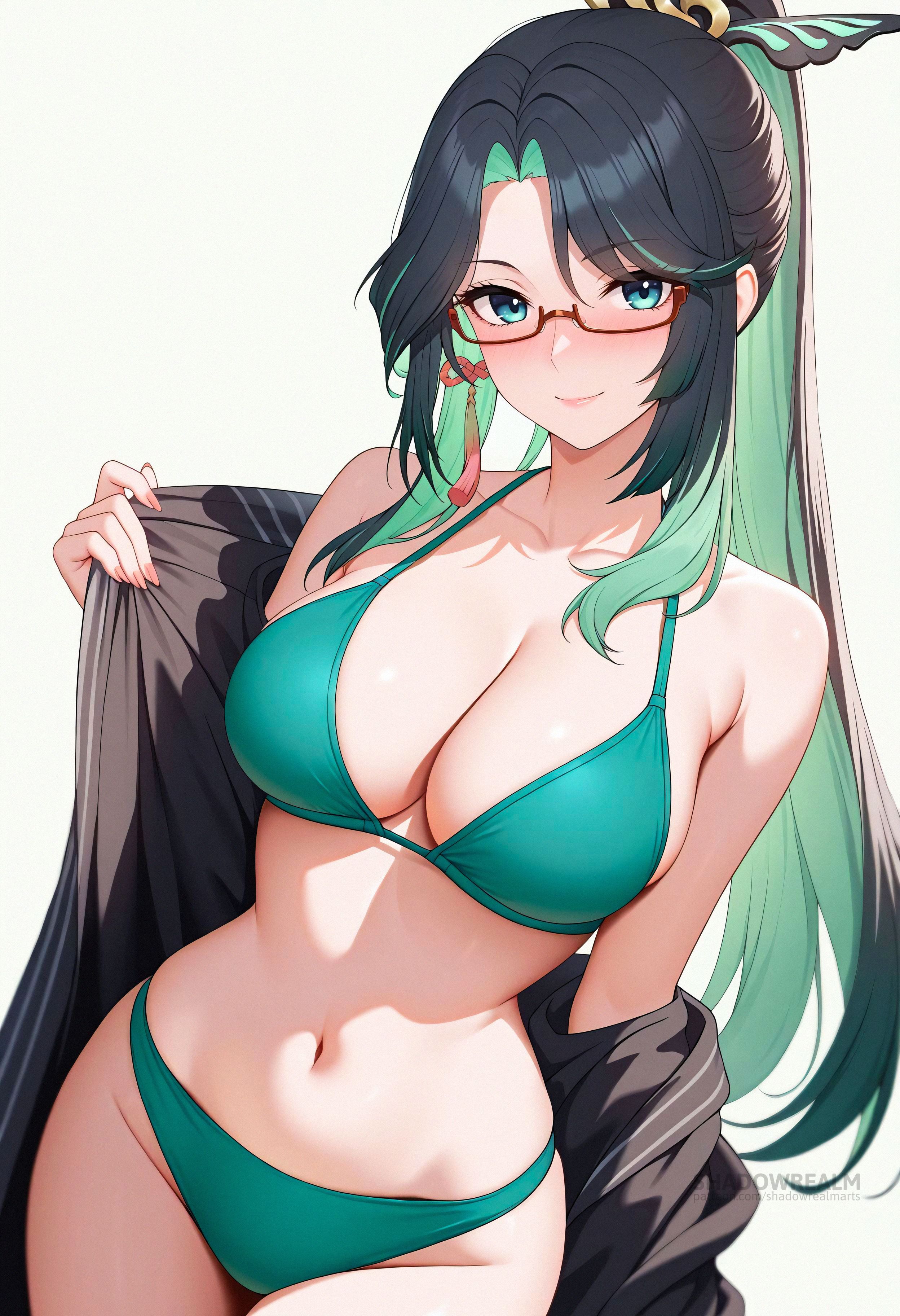 ai generated, alternate costume, aqua eyes, bare shoulders, bikini, black hair, blush, breasts, cleavage, closed mouth, collarbone, colored inner hair, cowboy shot, earrings, female, genshin impact, glasses, green bikini, green hair, hair ornament, halterneck, jewelry, large breasts, long hair, looking at viewer, multicolored hair, navel, off shoulder, open clothes, ponytail, red-framed eyewear, semi-rimless eyewear, shadowrealmarts, simple background, smile, solo, stomach, string bikini, swimsuit, tassel, tassel hair ornament, thighs, two-tone hair, uncensored, very long hair, white background, xianyun (genshin impact)