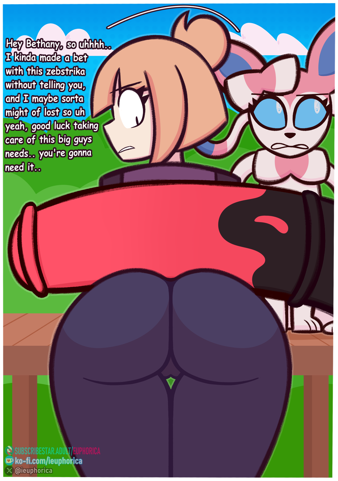 1boy, 1girls, animal genitalia, animal penis, anthro, ass, bent over, bethany (euphorica), big ass, big butt, big penis, camel toe, cameltoe, clothing, cock shock, eeveelution, equine genitalia, equine penis, euphorica, female, feral, generation 5 pokemon, generation 6 pokemon, genitals, group, hi res, horsecock, huge cock, human, imminent pokephilia, leggings, legwear, looking at penis, looking back, male, male sylveon, male/female, mammal, nervous, nintendo, outside, penis, penis awe, penis on ass, pokemon, pokemon (species), pokephilia, presenting, presenting hindquarters, pussy, sylveon, text, trio, zebstrika, zoophilia
