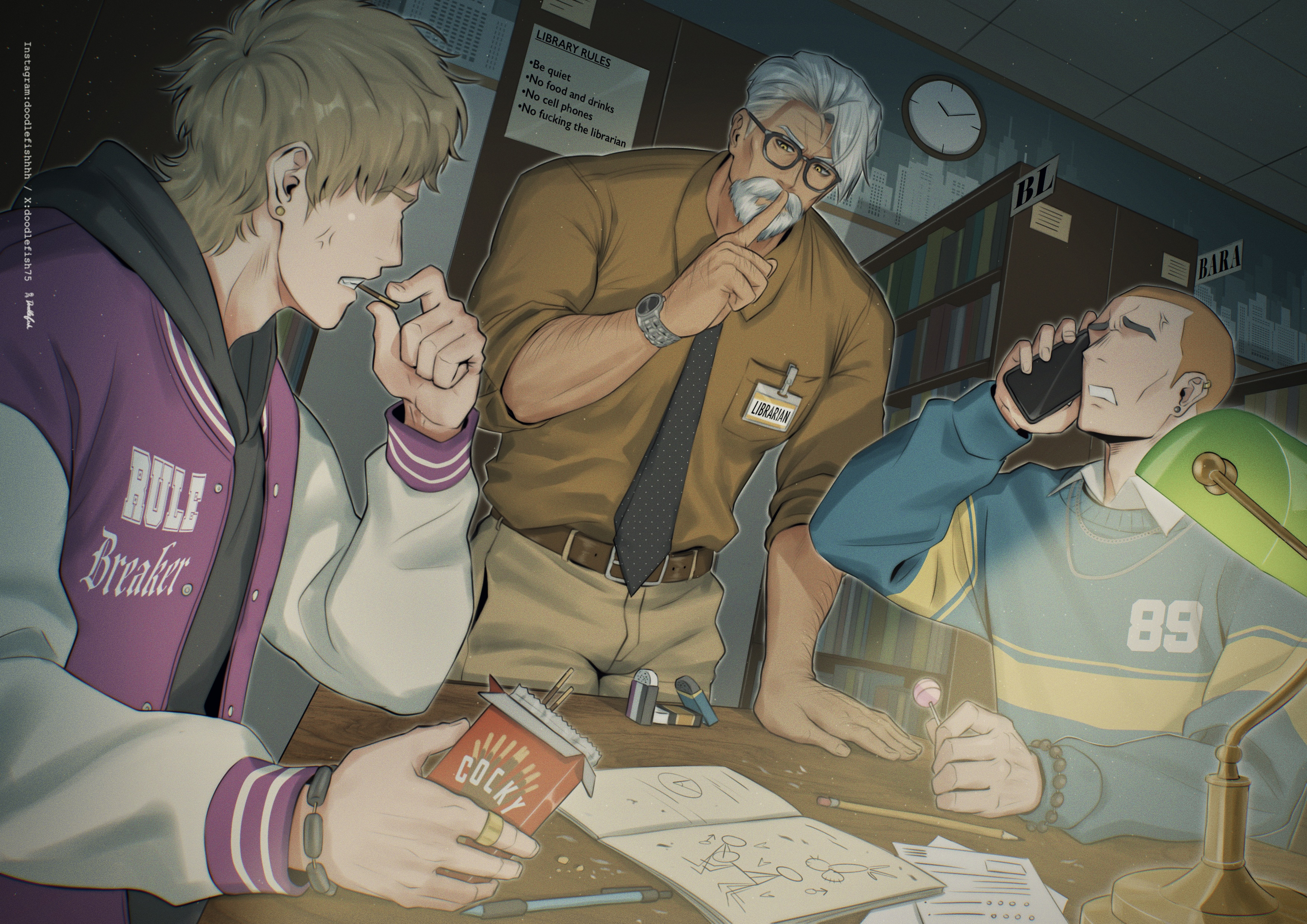 3boys, bara, bully, color, doodlefish75, eyes, gay, gay male, glasses, hair, hot old man, library, male, male focus, male/male, men only, no sex, old male, original, original character, white hair, yaoi