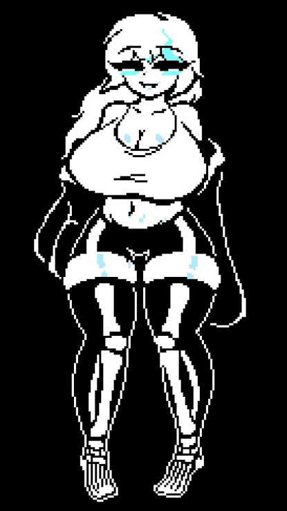 1girls, 1gonth, black background, breasts, curvy, female, female sans, full body, genderswap, genderswap (mtf), huge breasts, large breasts, long hair, navel, pixel art, rule 63, sans, simple background, solo, tagme, thick thighs, thighhighs, thighs, undertale
