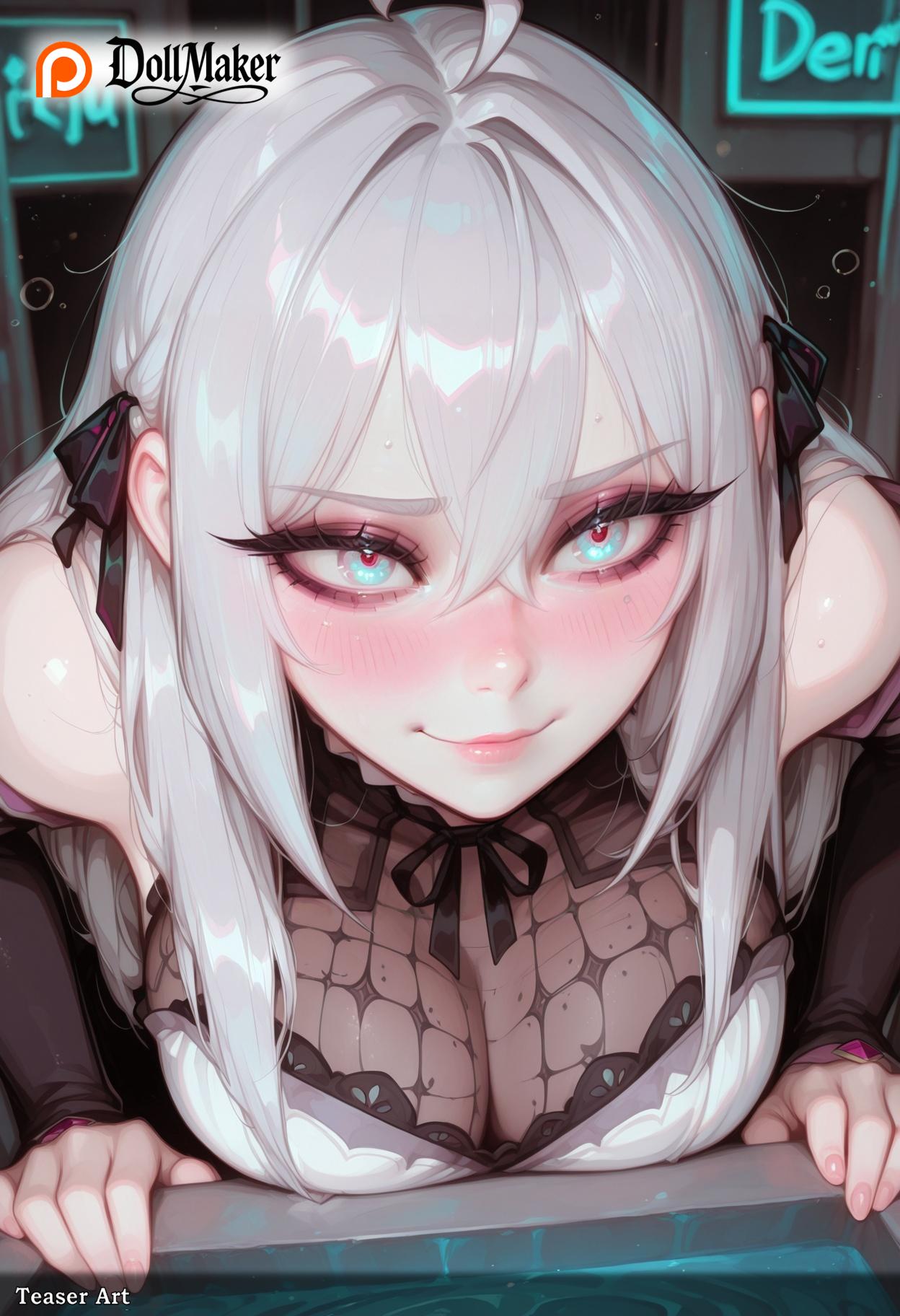 ? ai_generated alisa_mikhailovna_kujou bangs black_ribbon blush breast_press breasts dollmaker dollmaker_(artist) female hair_between_eyes hair_ribbon heart heart-shaped_pupils keyboard_(computer) large_breasts long_hair nose_blush patreon_logo patreon_username recording ribbon silver_hair smile solo symbol-shaped_pupils tagme user_interface watermark