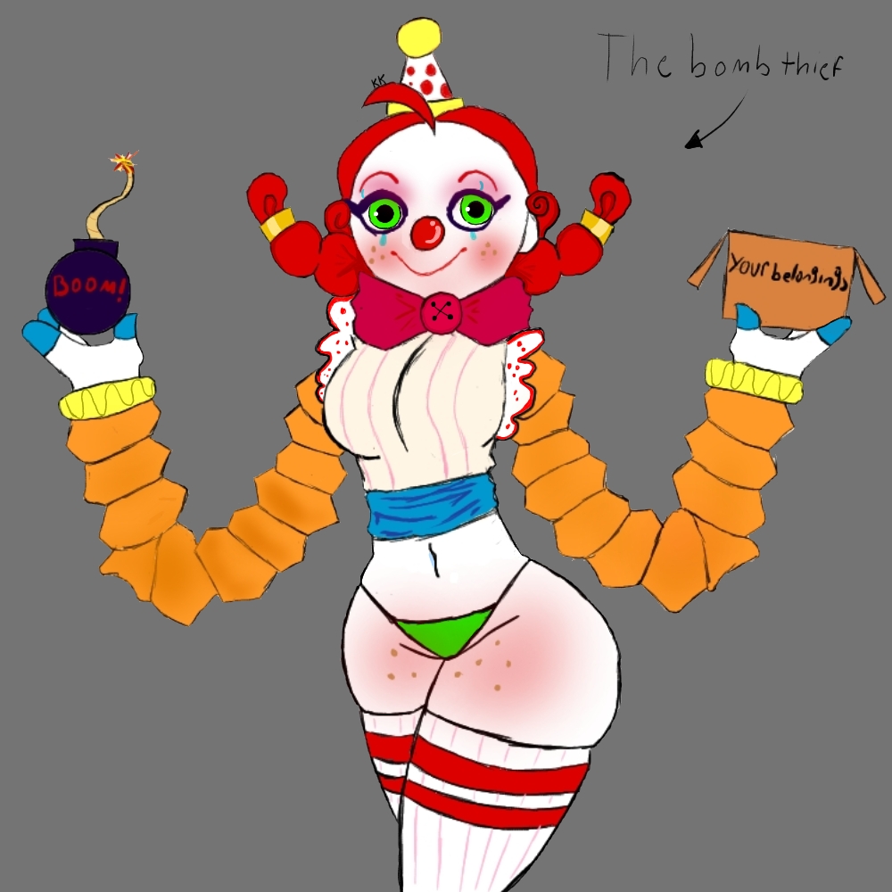 artist request, bikini bottom, bomb, clown girl, female, five nights at freddy's, five nights at freddy's: secret of the mimic, freckles, freckles on thighs, green eyes, jackie (fnaf), party hat, red hair, secret of the mimic, solo, source request, the mimic (fnaf), thick thighs, thighhighs