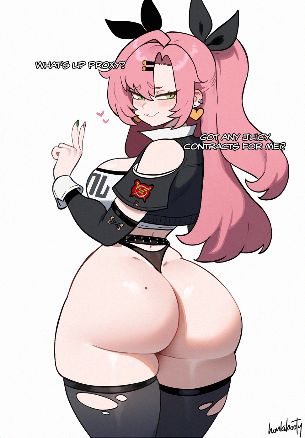 ai-assisted ass belt black_belt black_jacket breasts come_hither ear_piercing earrings english_text female green_eyes hair_ribbon heart heart_earrings highres honkibooty huge_ass huge_breasts jacket jewelry light_blush logo long_hair mole mole_on_ass mole_on_ear nail_polish naughty_face nicole_demara open_clothes open_jacket piercing pink_hair pov ribbon signature simple_background smirk solo thick_thighs thighhighs thighs thong v white_background zenless_zone_zero