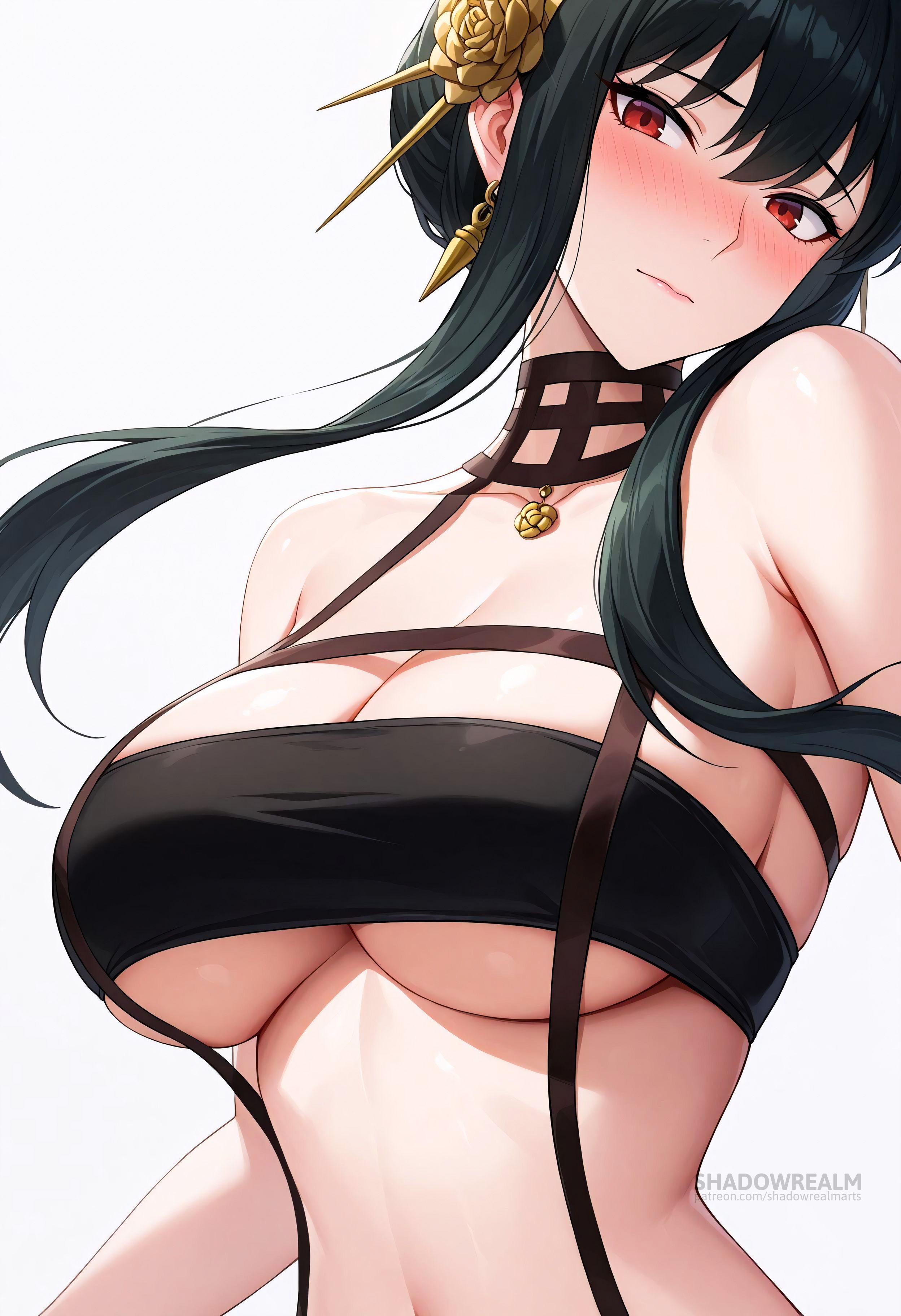 ai generated, bandeau, bare shoulders, black hair, blush, breasts, choker, cleavage, closed mouth, earrings, female, floating hair, flower, gold earrings, gold hairband, hair flower, hair ornament, hairband, jewelry, large breasts, long hair, looking at viewer, navel, raised eyebrows, red eyes, rose, shadowrealmarts, sidelocks, simple background, solo, spy x family, stomach, uncensored, underboob, upper body, white background, yor briar