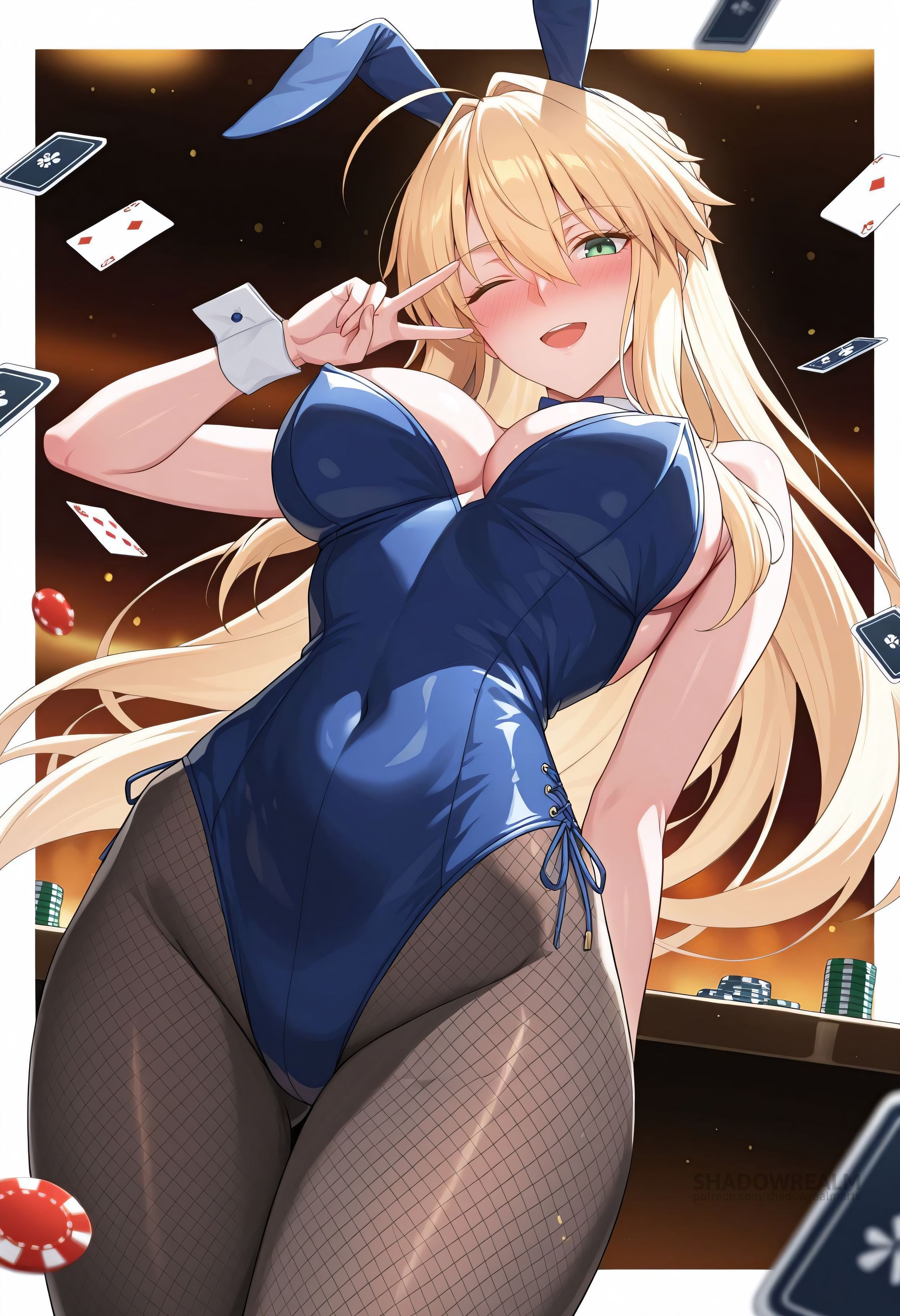 ;d, 1girls, ahoge, ai generated, animal ears, artoria pendragon, artoria pendragon (fate), artoria pendragon (lancer), artoria pendragon (swimsuit ruler), ass visible through thighs, bare shoulders, big breasts, blonde hair, blue leotard, blush, braid, breasts, card, cleavage, covered navel, detached collar, fake animal ears, fate (series), female, female only, fishnet pantyhose, fishnets, french braid, green eyes, hair between eyes, highleg, highleg leotard, large breasts, leotard, light skin, light-skinned female, long hair, looking at viewer, one eye closed, open mouth, pantyhose, playboy bunny, playing card, poker chip, rabbit ears, shadowrealmarts, sidelocks, smile, solo, strapless, strapless leotard, thighs, uncensored, v, wrist cuffs