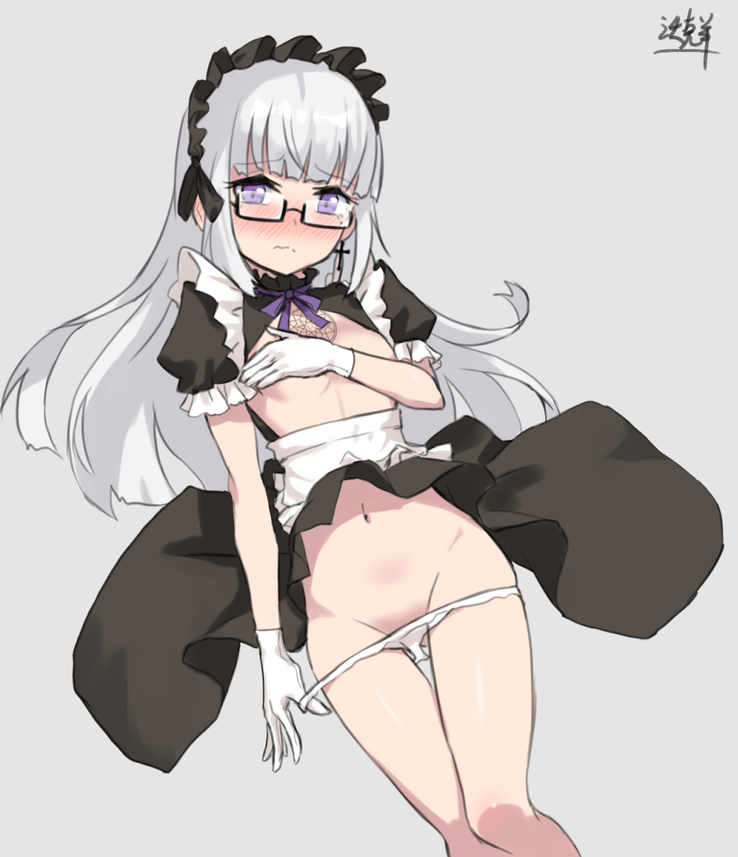 1girls, blush, blush face, blushing at viewer, blushing female, blushing lines, breasts, character request, copyright request, covering, covering breasts, covering nipples, embarrassed, embarrassed exposed female, embarrassed expression, embarrassed female, embarrassed nude female, female, female only, flat belly, flat breasts, flat chest, flat chested, glasses, glasses on face, glasses on head, grey background, half naked, half nude, maid, maid apron, maid cap, maid dress, maid headdress, maid outfit, maid uniform, naked, naked female, naked woman, nude, nude female, nudity, petite, petite body, petite breasts, petite female, petite tits, purple eyes, purple-eyed female, semi nude, shame, skinny, skinny female, skinny waist, smooth chest, thigh gap, white eyebrows, white hair, white-haired female, wolksheep