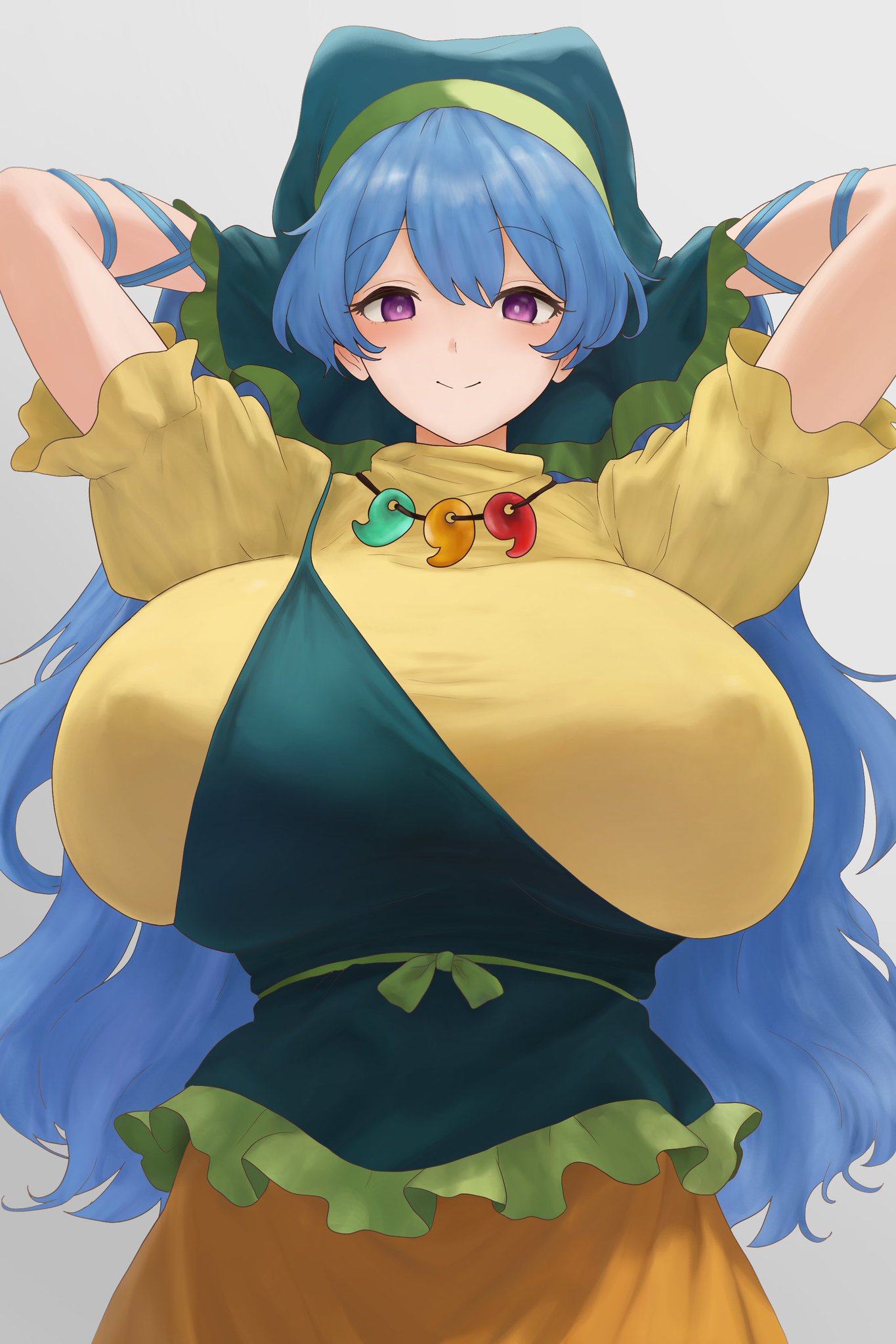 1girls, big breasts, blue hair, breasts, clothed female, female, hat, huge breasts, keiki haniyasushin, light-skinned female, long hair, mature female, moriforest1040, nipple bulge, purple eyes, smile, solo, solo female, touhou