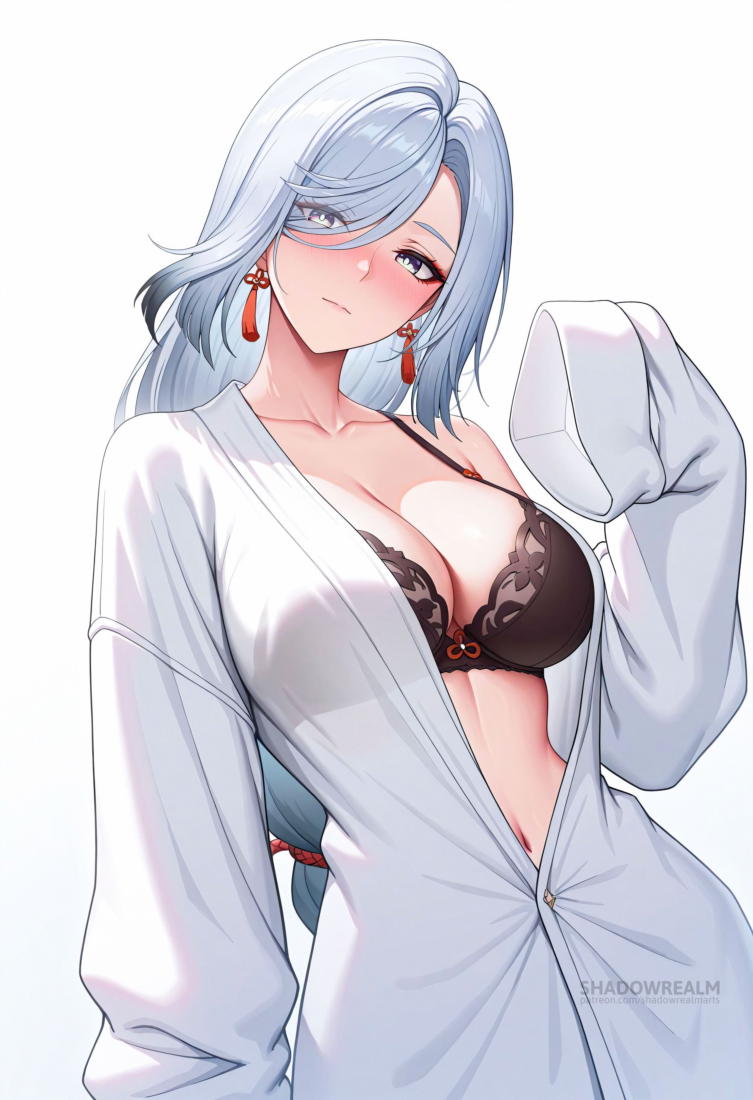 ai generated, black bra, blue eyes, blush, bra, braid, breasts, cleavage, closed mouth, collarbone, earrings, female, genshin impact, grey hair, hair over one eye, hand up, jewelry, large breasts, long hair, long sleeves, looking at viewer, navel, shadowrealmarts, shenhe (genshin impact), shirt, simple background, sleeves past fingers, sleeves past wrists, solo, tassel earrings, uncensored, underwear, very long hair, white background, white hair, white shirt