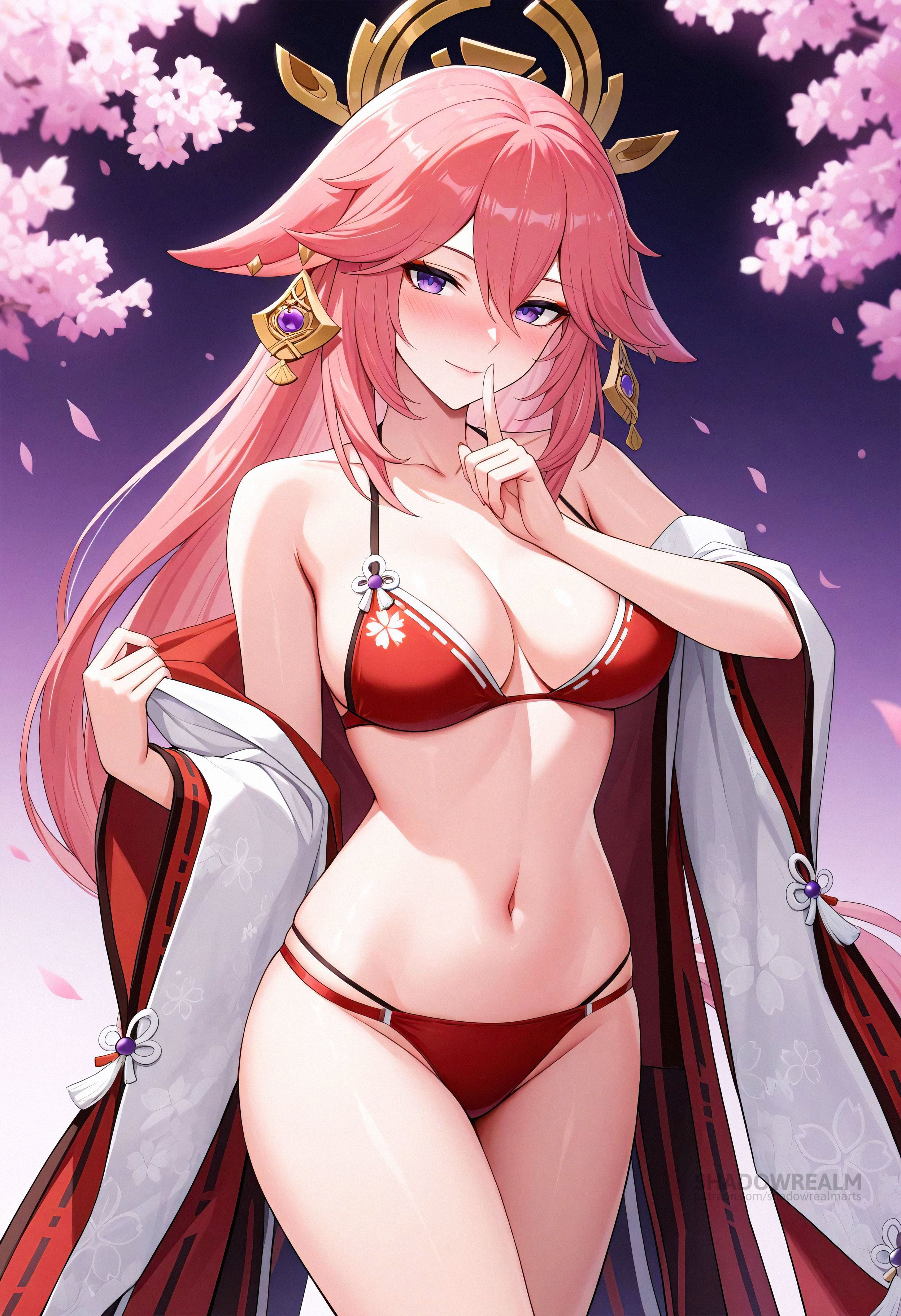 ai generated, animal ears, bare shoulders, bikini, blush, breasts, cherry blossoms, cleavage, closed mouth, collarbone, cowboy shot, earrings, female, finger to mouth, floppy ears, floral print, fox ears, genshin impact, groin, hair between eyes, hair ornament, index finger raised, japanese clothes, jewelry, large breasts, long hair, long sleeves, looking at viewer, navel, off shoulder, open clothes, petals, pink hair, purple eyes, red bikini, shadowrealmarts, shushing, smile, solo, standing, stomach, string bikini, swimsuit, tassel, thighs, uncensored, very long hair, wide sleeves, yae miko