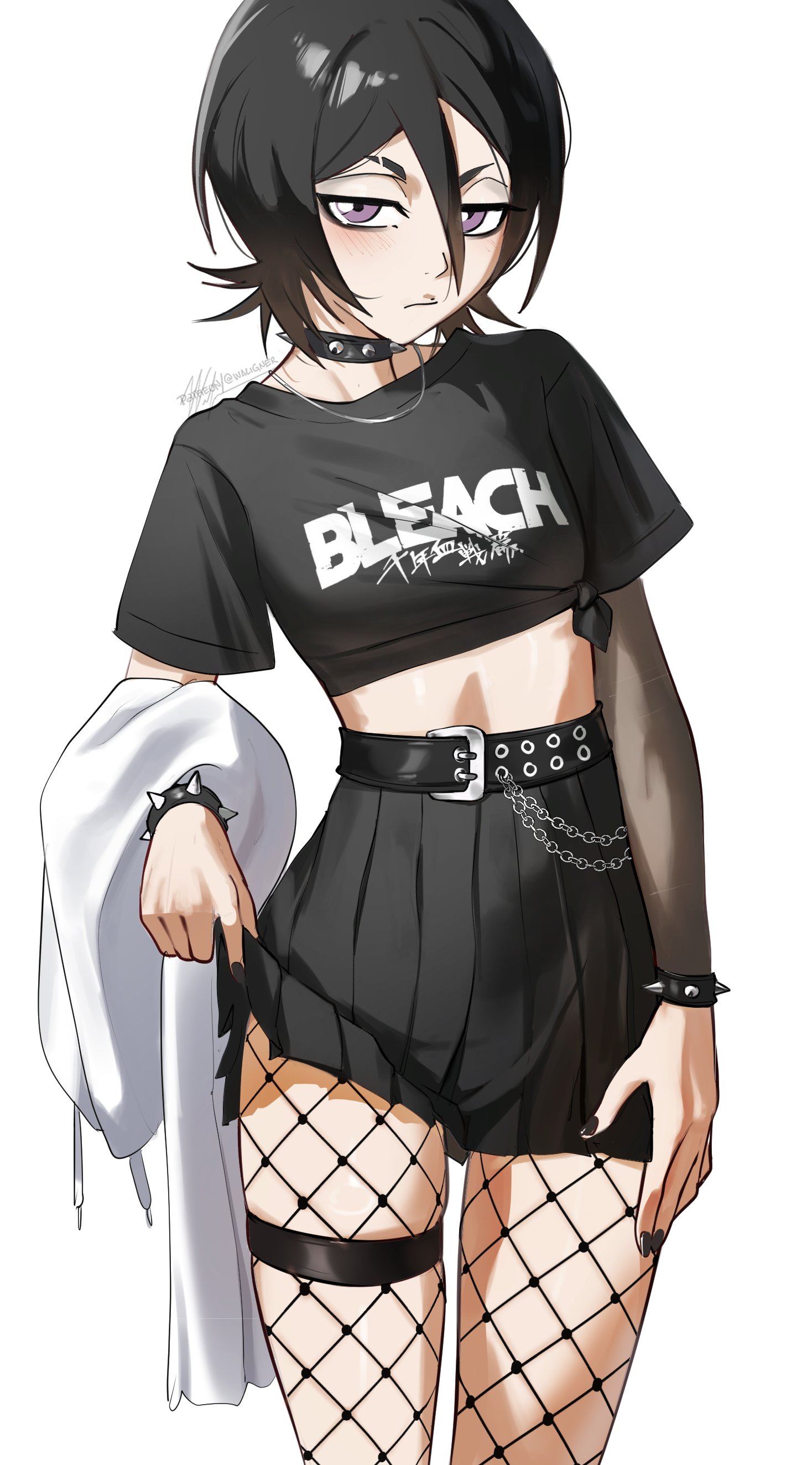 1girls, absurdres, artist name, belt, black hair, black nails, black tank top, bleach, blush, bracelet, choker, eyebrow cut, female, female only, fishnets, highres, jacket, jewelry, kuchiki rukia, midriff, necklace, purple eyes, shirt, short hair, skirt, spiked bracelet, spiked choker, spikes, tank top, thigh strap, thighs, tied shirt, waligner