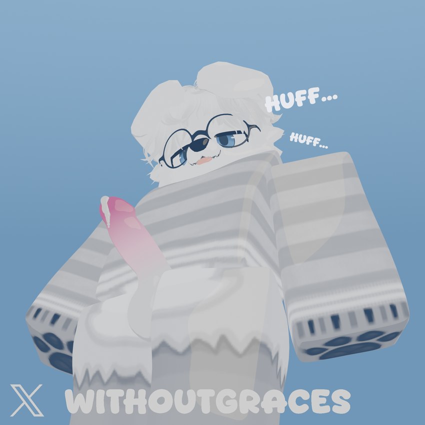 1boy, 3d, absurd res, anthro, balls, blue eyes, blush, bodily fluids, canine, cum, ejaculation, english text, erection, eyewear, femboy, furry, genital fluids, genitals, glasses, hair, highres, humanoid penis, male, mammal, panting, pawpads, penis, roblox, robloxian, short hair, simple background, smile, solo, sweater, text, tounge out, twitter username, watermark, white fur, withoutgraces