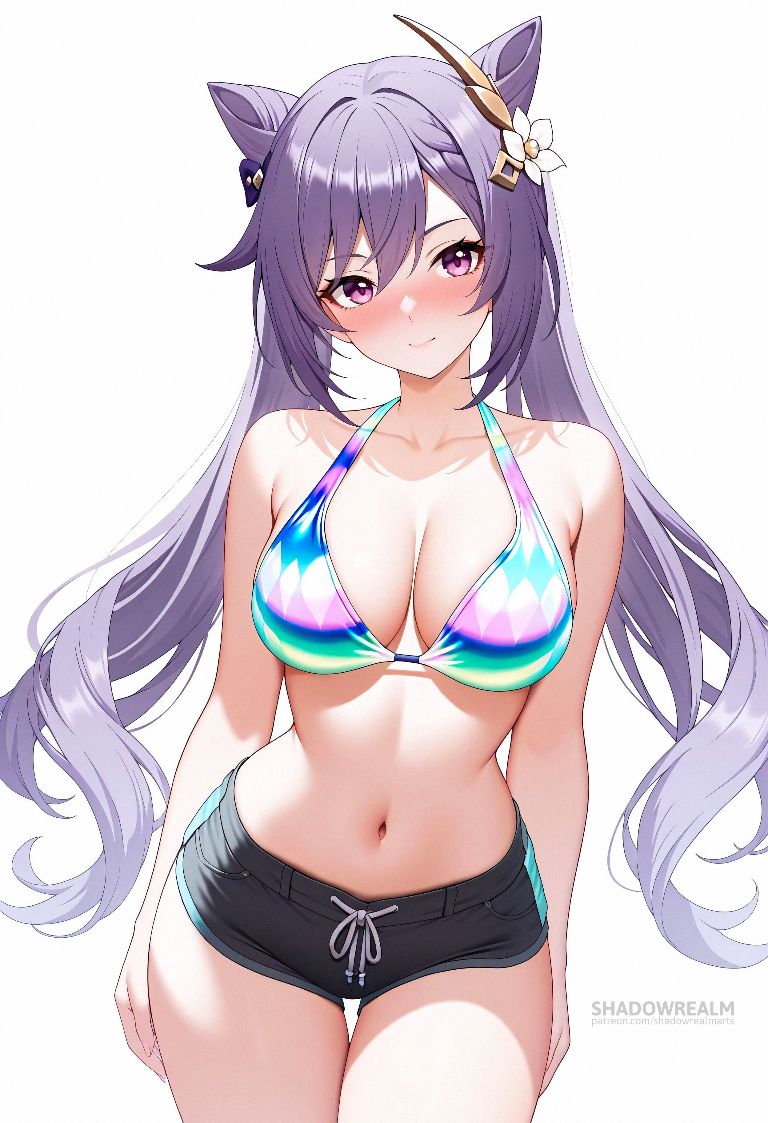 ai generated, alternate costume, artist name, bare arms, bare shoulders, bikini, bikini top only, black shorts, blush, braid, breasts, cleavage, closed mouth, collarbone, cone hair bun, cowboy shot, diamond (shape), diamond-shaped pupils, double bun, female, flower, genshin impact, hair bun, hair flower, hair ornament, keqing (genshin impact), large breasts, long hair, looking at viewer, medium breasts, multicolored clothes, navel, patreon username, purple eyes, purple hair, shadowrealmarts, short shorts, shorts, simple background, smile, solo, stomach, swimsuit, thigh gap, thighs, twintails, uncensored, very long hair, white background, white flower