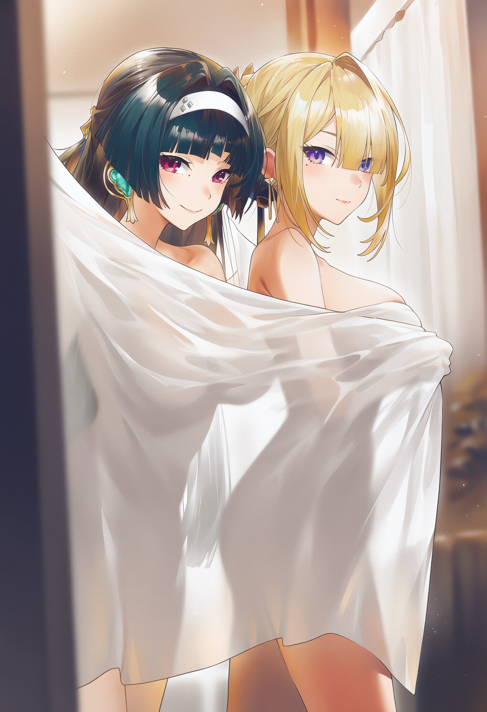 2girls, ai generated, astra yao, covering body, duo, duo female, duo focus, evelyn chevalier, female, mihoyo, naked, naked female, nude, nude female, timmytommy, white sheets, zenless zone zero