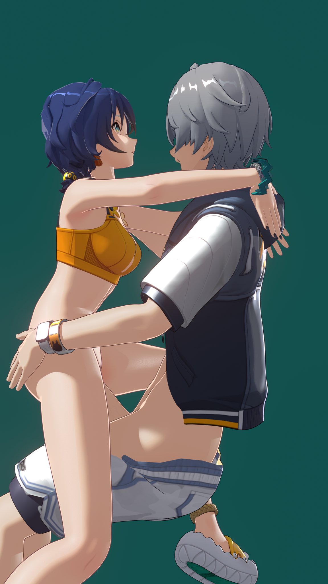 1boy 1girls 3d 3d_(artwork) alternate_costume belle_(zenless_zone_zero) big_penis blue_hair bottomless brother_and_sister dark_blue_hair female grey_hair highres hoyoverse incest kawawa76 large_penis light-skinned_female light-skinned_male light_skin male medium_breasts official_alternate_costume older_brother open_mouth pants_down penis_out short_hair siblings simple_background swimwear vaginal_penetration wise_(zenless_zone_zero) younger_sister zenless_zone_zero