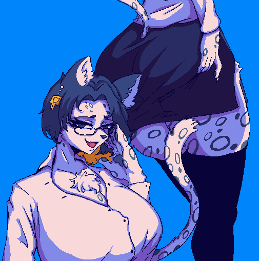 1girls anthro ass big_ass big_breasts binah black_hair blue_background earrings furry glasses library_of_ruina lobotomy_corporation looking_at_viewer open_mouth pixel_art project_moon solo_female stockings two_tone_hair yellow_hair zolotokos