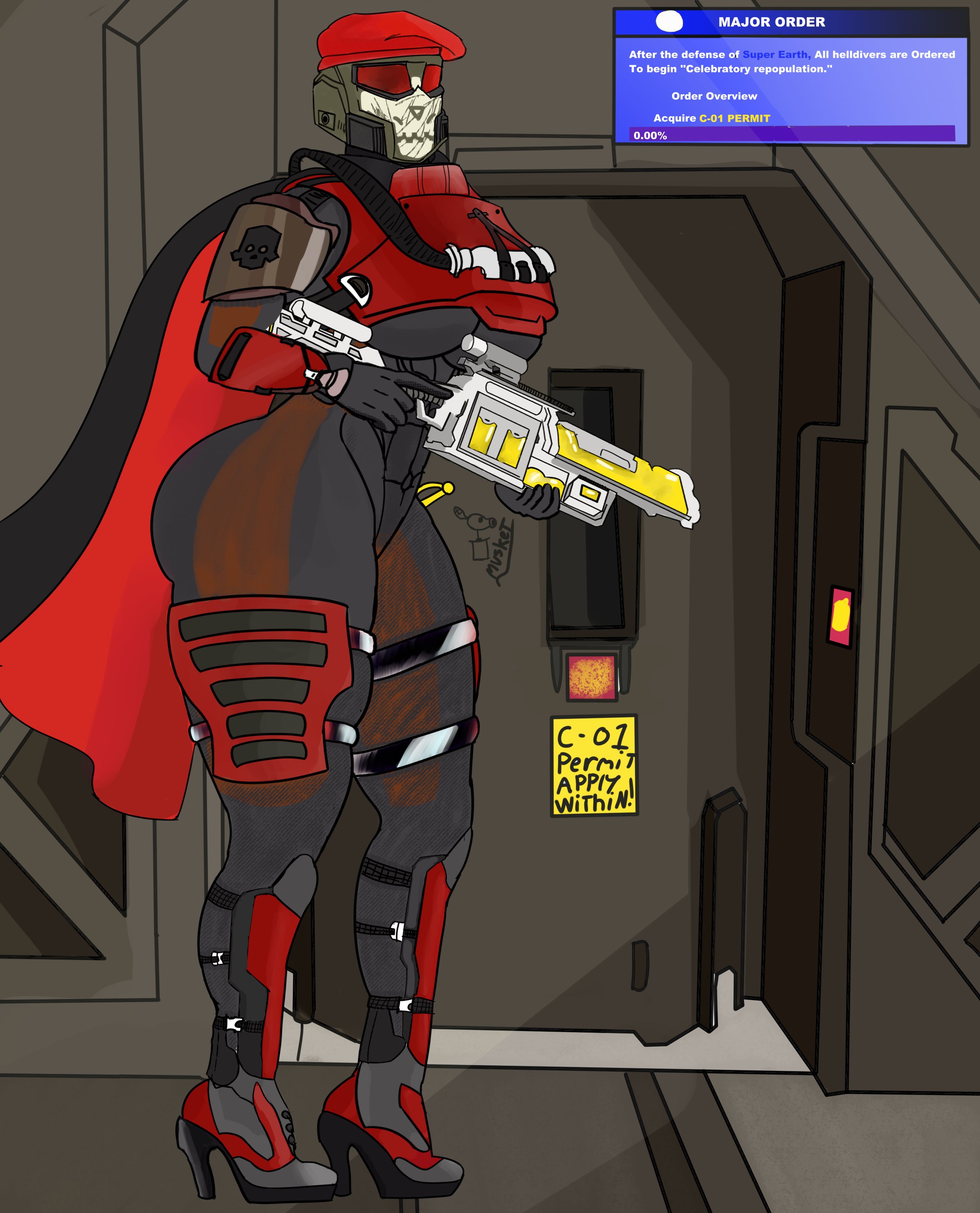 1girls, 2025, 2d, 5 fingers, abs, armored boots, armored female, ass, beret, big ass, big breasts, big butt, big thighs, black bodysuit, black cape, bodysuit, bottom heavy, breasts, cape, cleavage, clothing, curvy, curvy body, curvy female, curvy figure, english, english text, female, female focus, female only, fully clothed, gun, helldiver (helldivers), helldivers, helldivers 2, helmet, hi res, high heels, highres, hips, hourglass figure, human, human only, indoors, large ass, large butt, laser gun, looking at viewer, low-angle view, mask, masked, masked female, midriff, muscular, muscular female, navel, pauldrons, pinup, red armor, red beret, red cape, red visor, round ass, self upload, slim waist, solo, thick thighs, thighs, toned stomach, weapon, wide hips, winnebagomusket