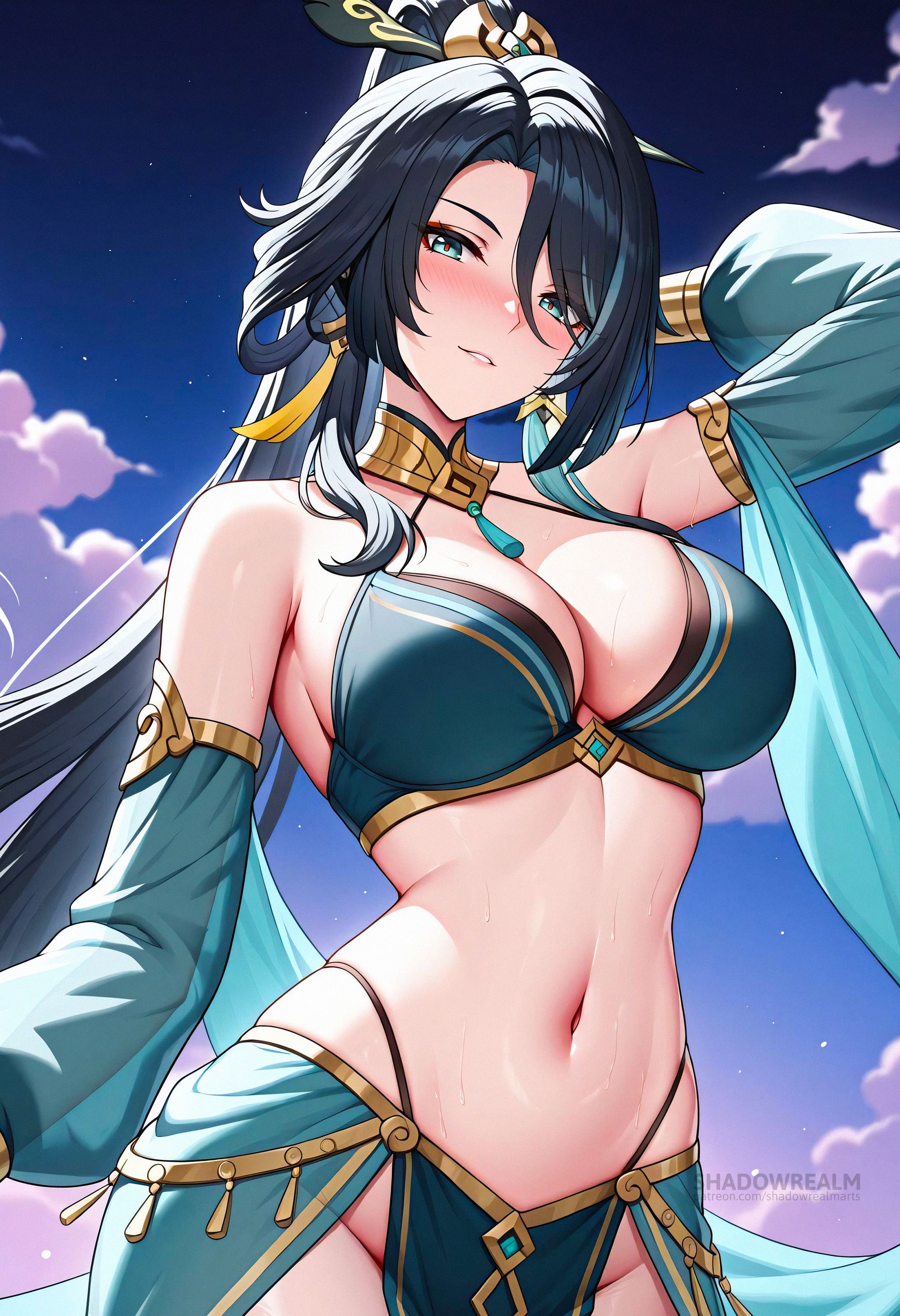 ai generated, alternate costume, aqua eyes, arm behind head, arm up, bare shoulders, bikini, black hair, blue sky, blush, breasts, cleavage, cloud, cowboy shot, detached sleeves, earrings, female, genshin impact, hair ornament, harem outfit, highleg, jewelry, large breasts, long hair, long sleeves, looking at viewer, navel, parted lips, pelvic curtain, shadowrealmarts, sky, smile, solo, stomach, swimsuit, tassel, thighs, uncensored, very long hair, xianyun (genshin impact)