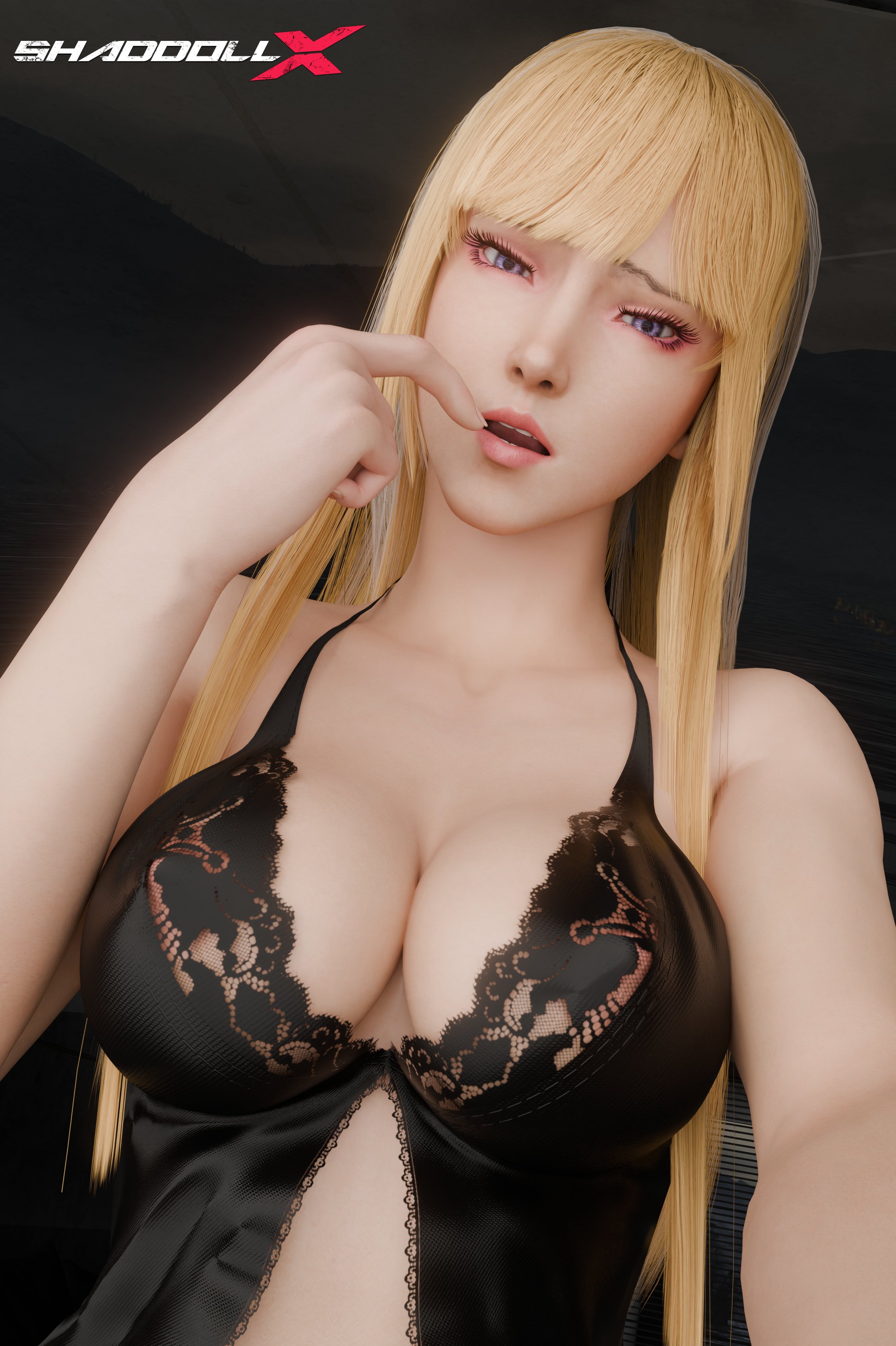 1girls, 3d, 3d render, areola, big breasts, blonde hair, breasts, cleavage, emilie de rochefort, female, long hair, looking at viewer, namco, nipples, purple eyes, shaddoll x, solo female, standing, tekken, tekken 8