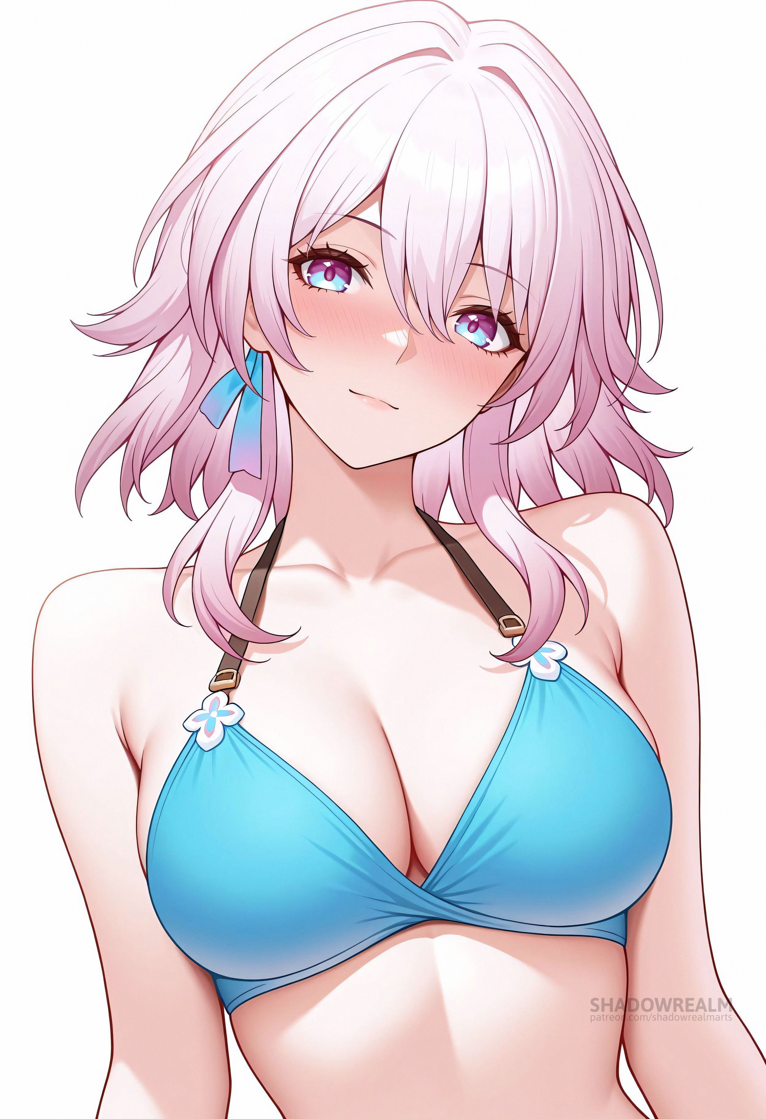 ai generated, bare shoulders, bikini, blue bikini, blue eyes, blue ribbon, blush, breasts, cleavage, closed mouth, collarbone, female, hair between eyes, halterneck, large breasts, looking at viewer, march 7th (honkai: star rail), medium hair, multicolored eyes, pink eyes, pink hair, ribbon, shadowrealmarts, simple background, smile, solo, swimsuit, two-tone eyes, uncensored, upper body, white background