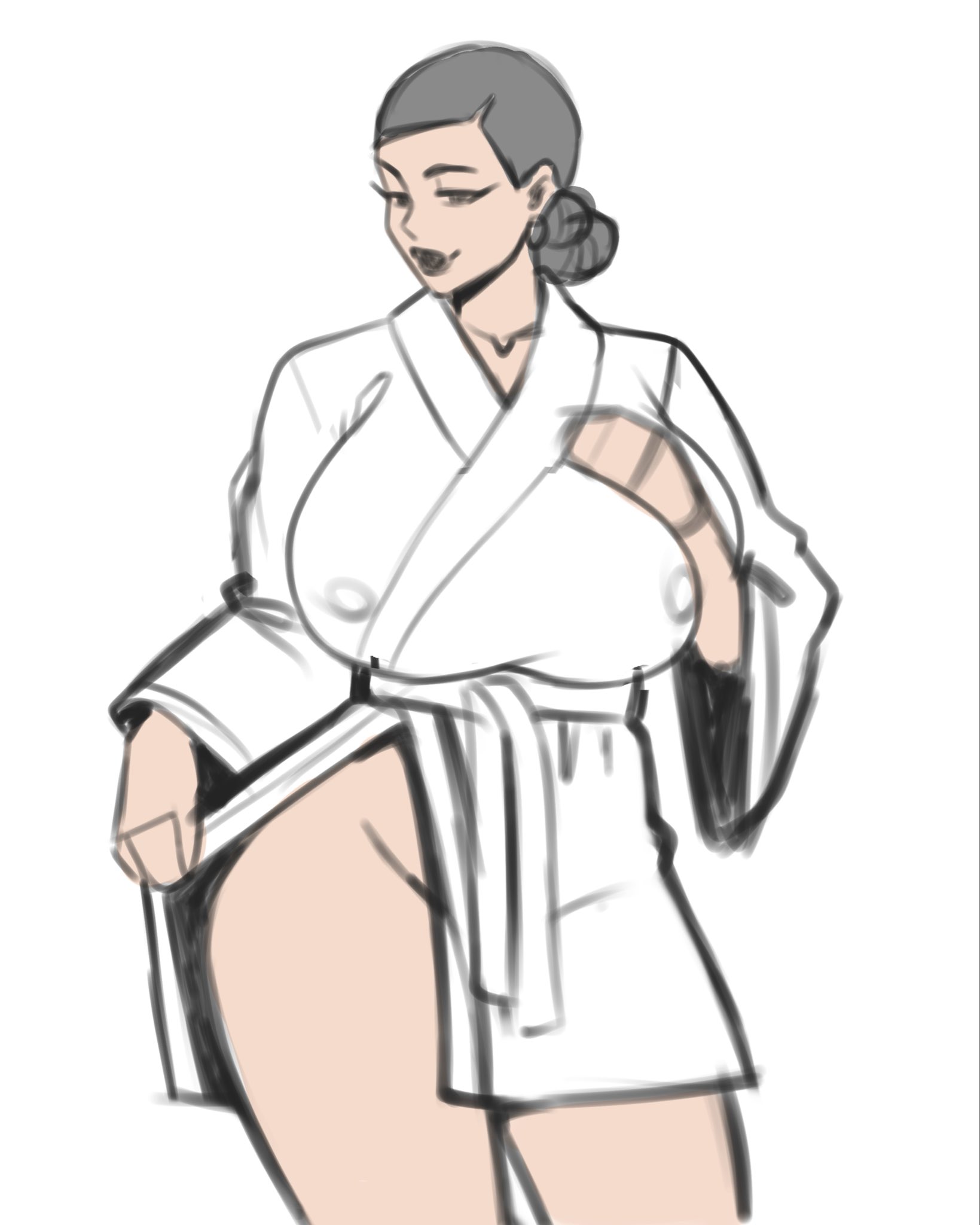 asian, asian female, bathrobe, big breasts, bottomless, breasts, debbie grayson, female, female only, grey hair, groin, hips, huge breasts, invincible, invincible (tv series), jakuson z, large breasts, legs, milf, nipple bulge, nipples visible through clothing, no bra, no panties, no underwear, pokies, robe, robe only, sketch, solo, solo female, suggestive, thick, thick legs, thighs, voluptuous, voluptuous female, wide hips