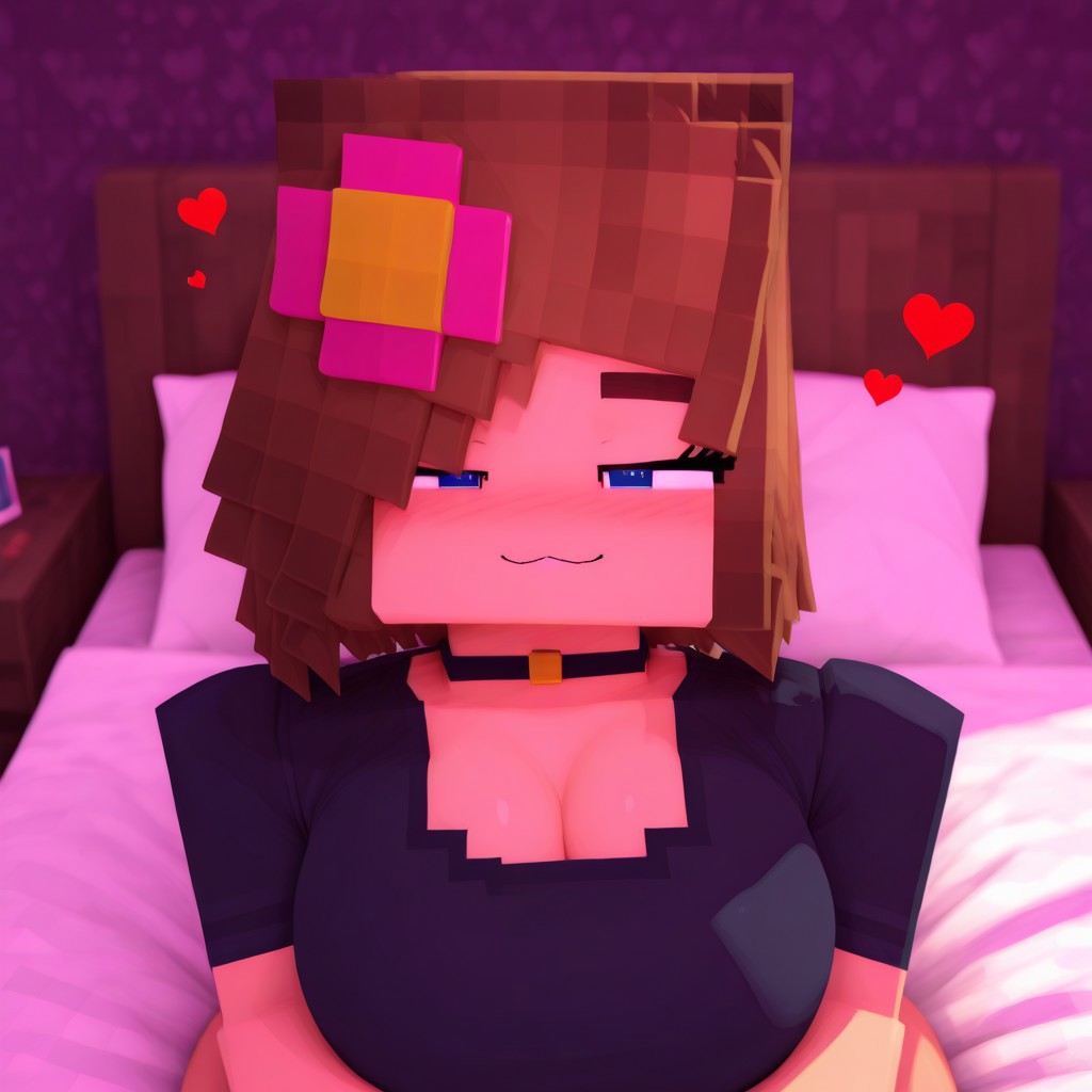 :3, ai generated, bed, bedroom, big breasts, blush, breasts, female, heart, jenny belle (slipperyt), minecraft, quntitis, seating